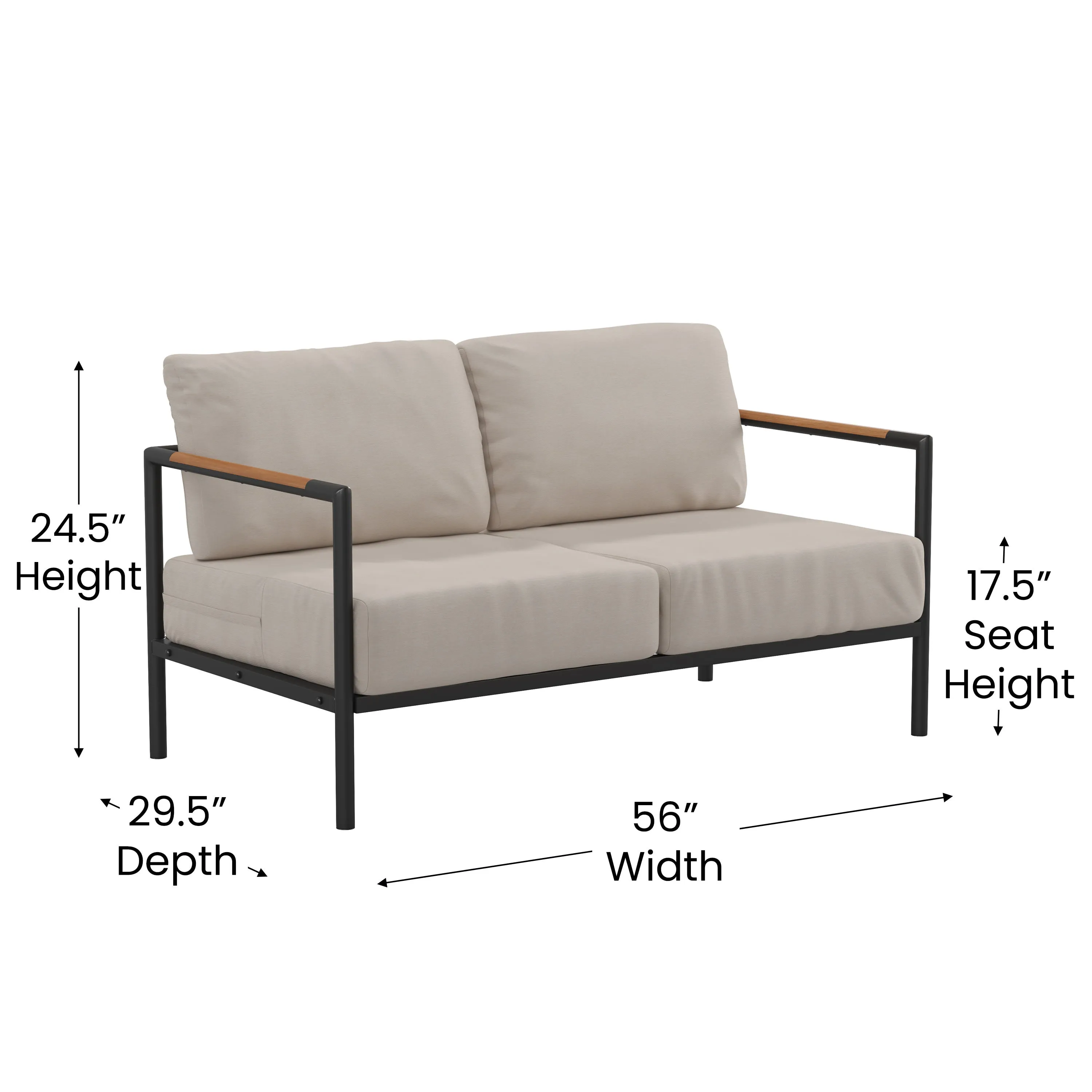 Lea Indoor/Outdoor Patio Loveseat with Cushions - Modern Aluminum Framed Loveseat with Teak Accent Arms