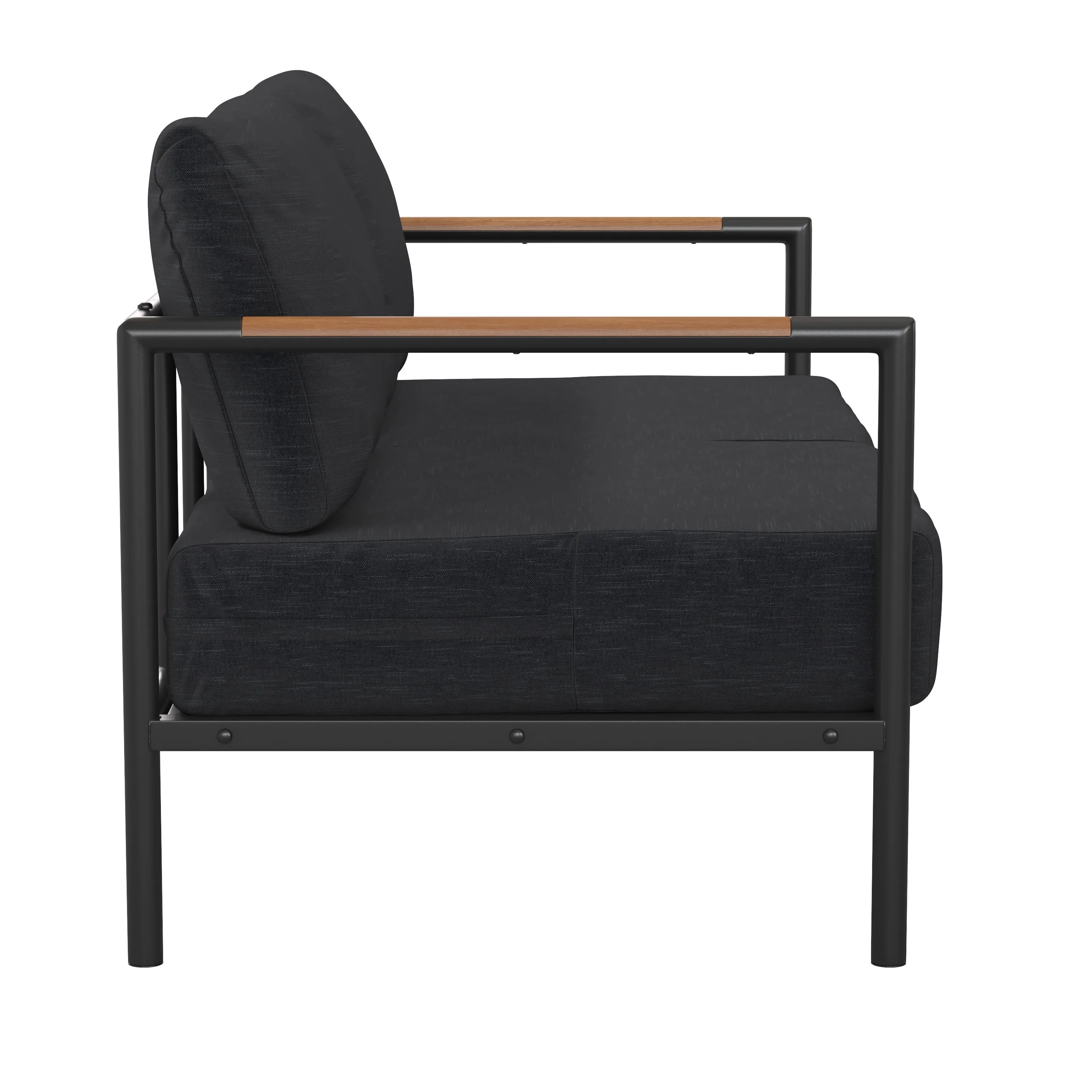 Lea Indoor/Outdoor Patio Loveseat with Cushions - Modern Aluminum Framed Loveseat with Teak Accent Arms