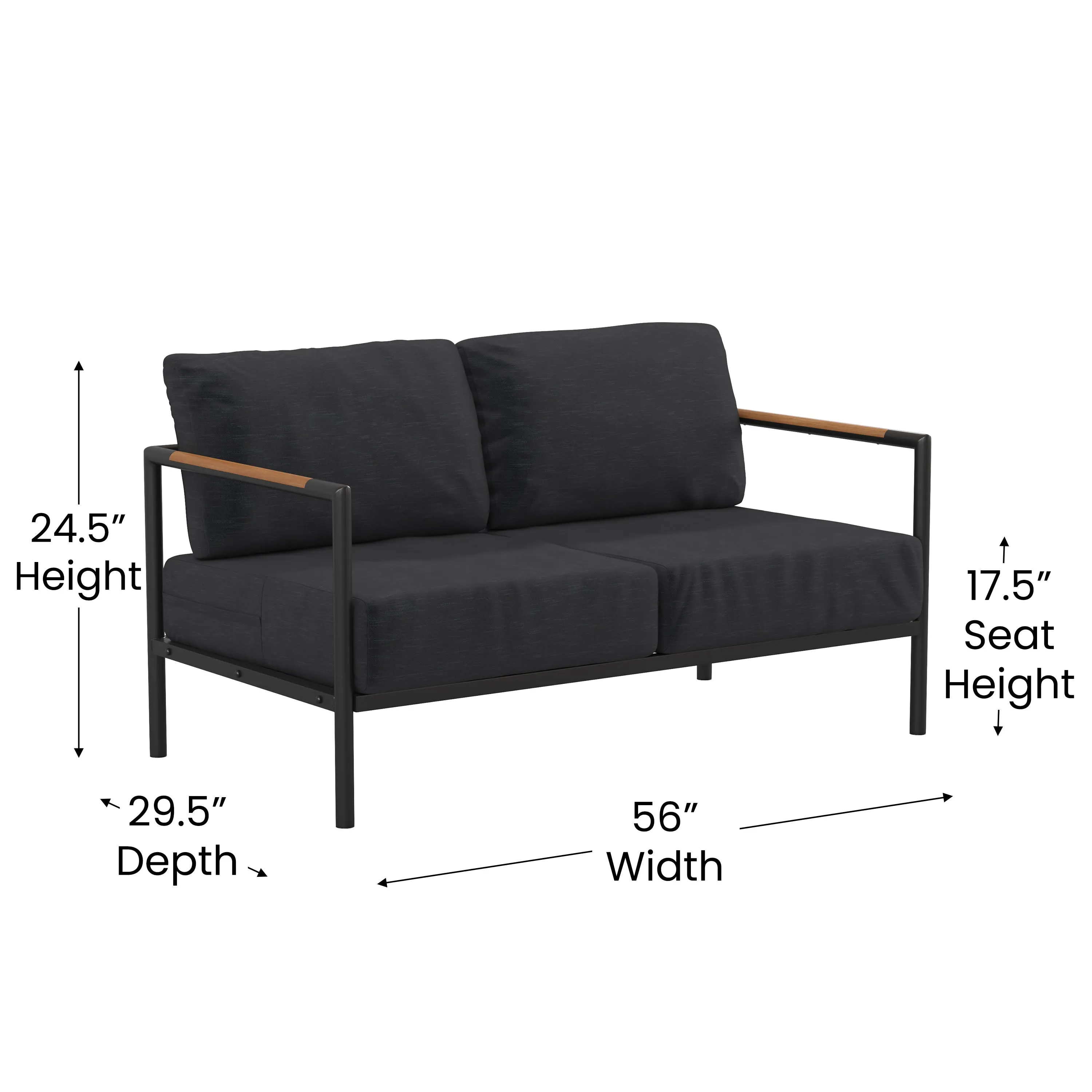 Lea Indoor/Outdoor Patio Loveseat with Cushions - Modern Aluminum Framed Loveseat with Teak Accent Arms