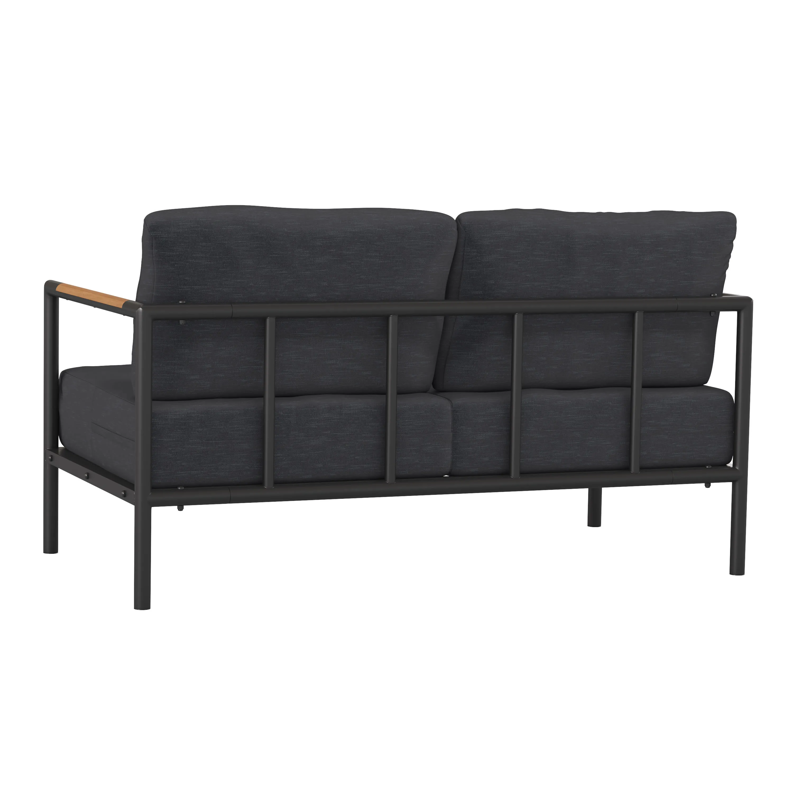 Lea Indoor/Outdoor Patio Loveseat with Cushions - Modern Aluminum Framed Loveseat with Teak Accent Arms