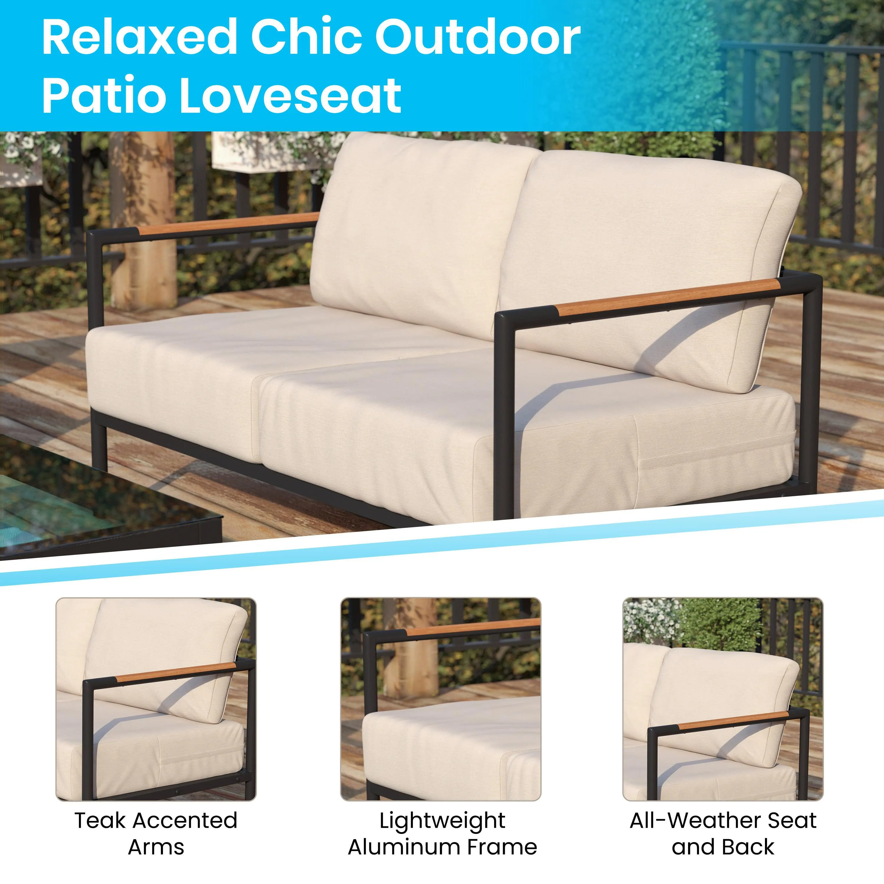 Lea Indoor/Outdoor Patio Loveseat with Cushions - Modern Aluminum Framed Loveseat with Teak Accent Arms