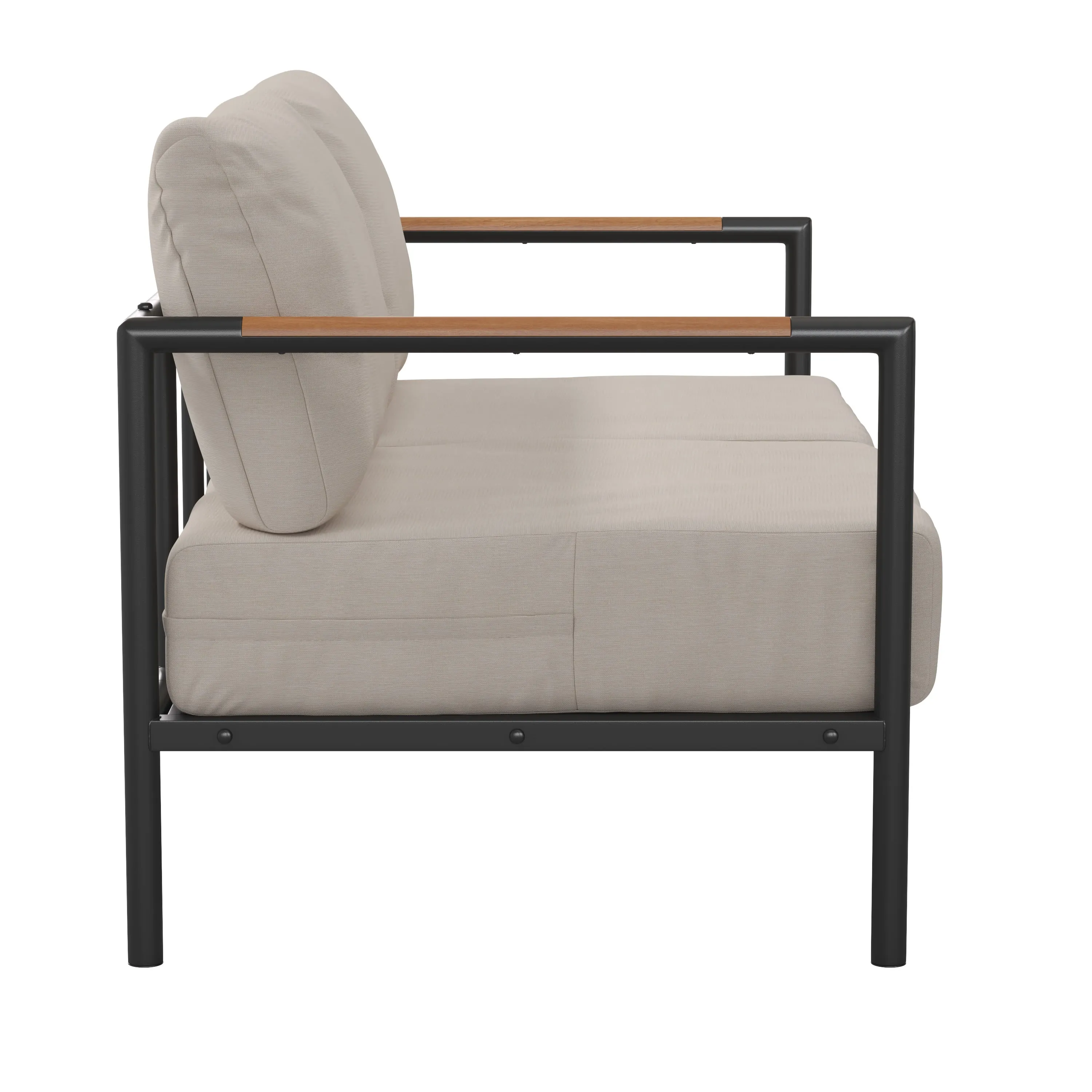 Lea Indoor/Outdoor Patio Loveseat with Cushions - Modern Aluminum Framed Loveseat with Teak Accent Arms