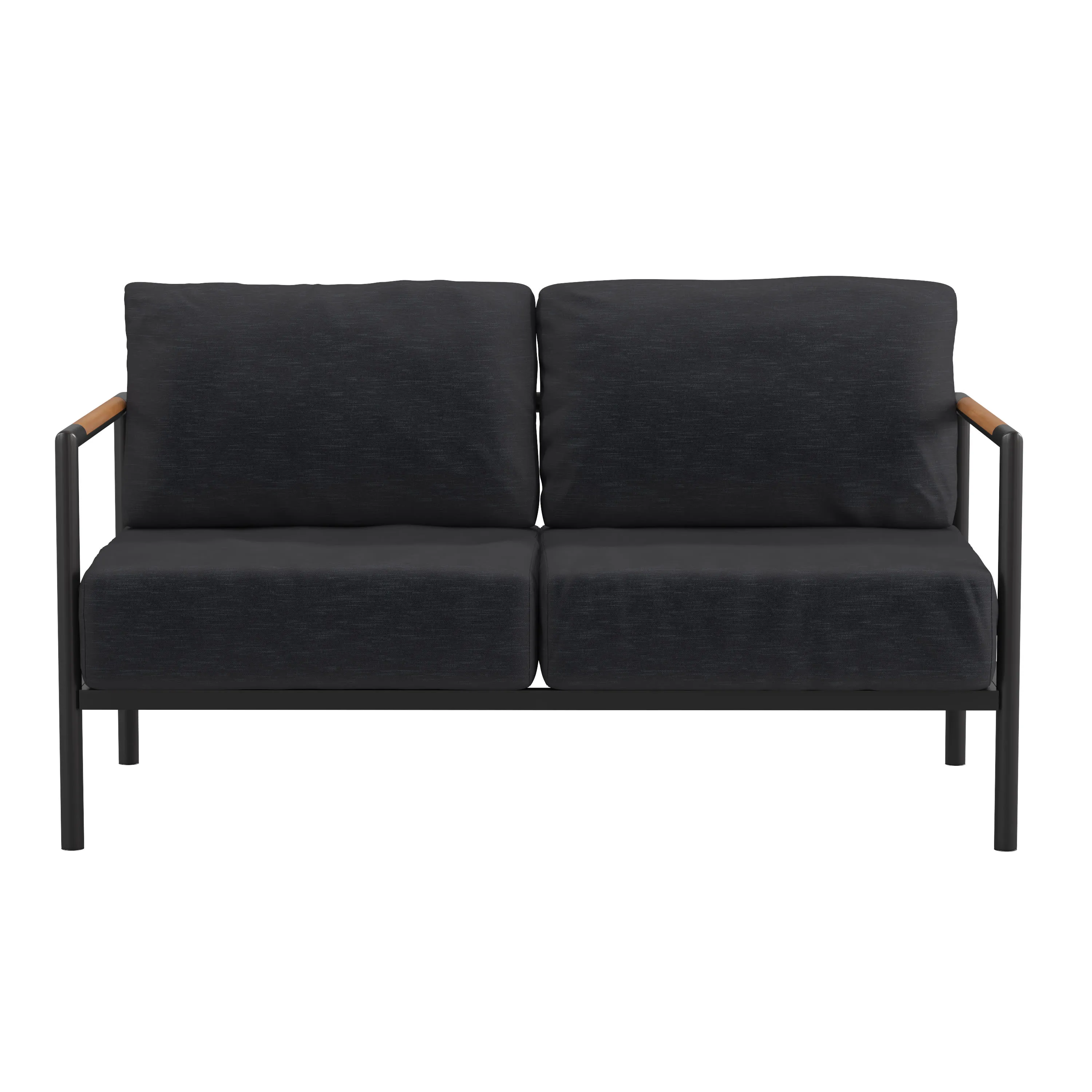 Lea Indoor/Outdoor Patio Loveseat with Cushions - Modern Aluminum Framed Loveseat with Teak Accent Arms