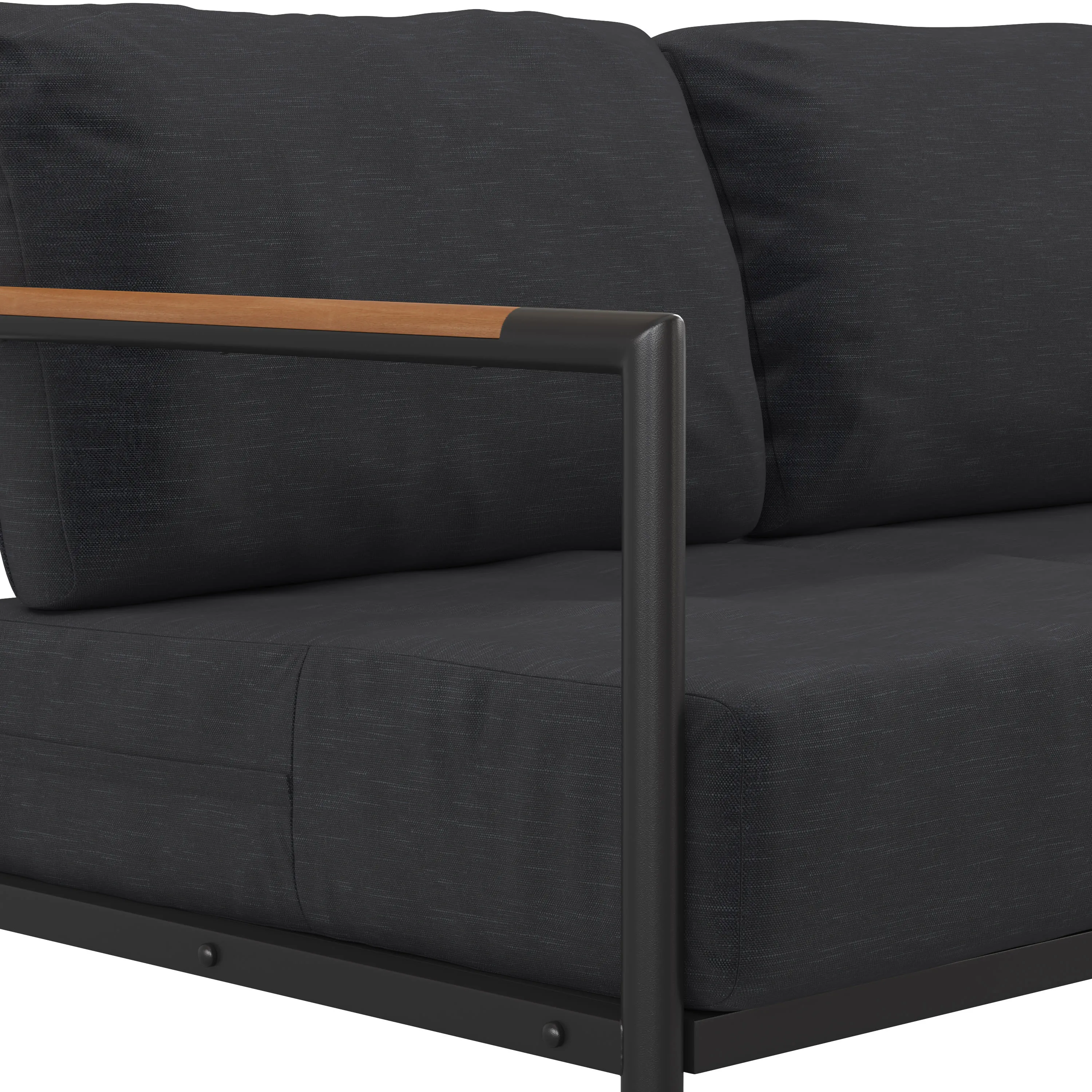 Lea Indoor/Outdoor Patio Loveseat with Cushions - Modern Aluminum Framed Loveseat with Teak Accent Arms
