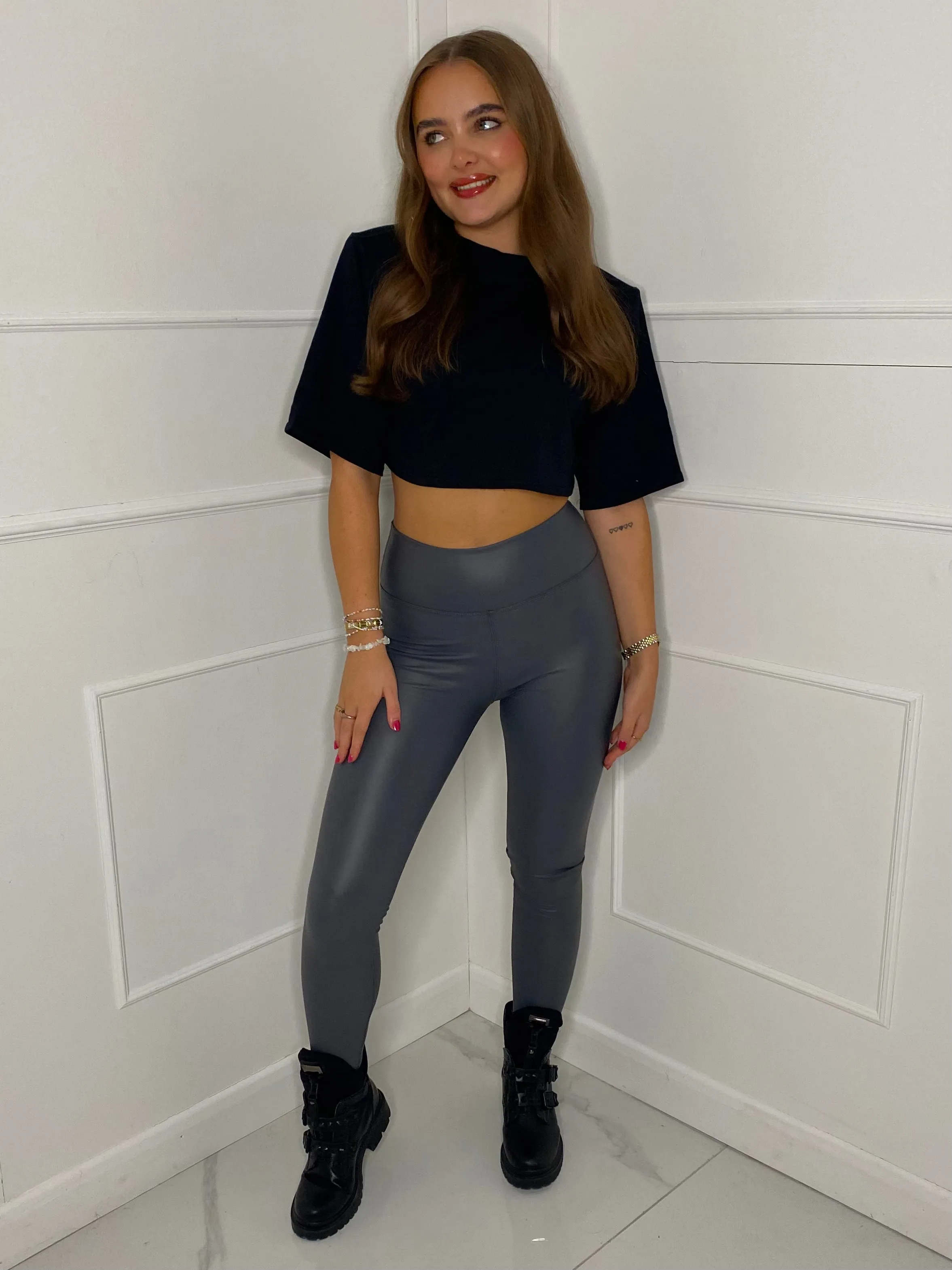 Leather Look  Leggings - Grey