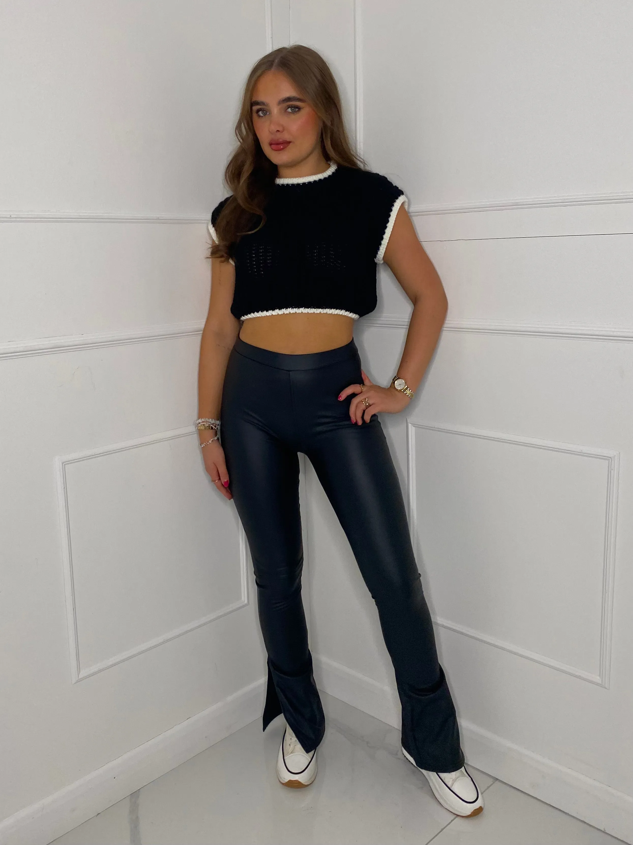 Leather Look Slit Flared Leggings - Black