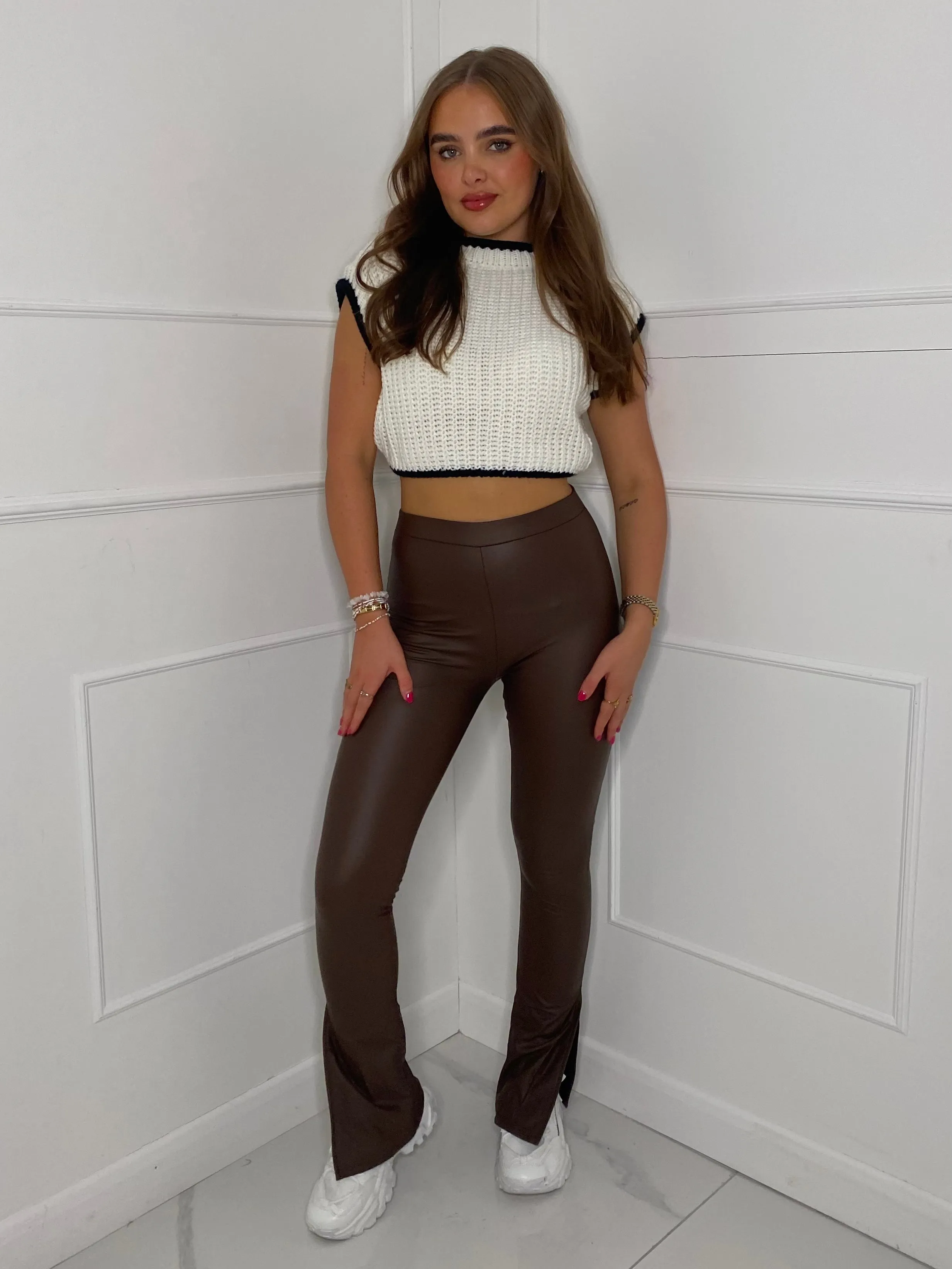 Leather Look Slit Flared Leggings - Brown