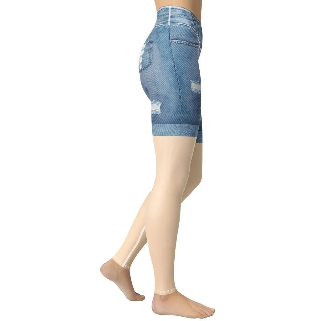 Light Tone Denim Shorts Print Yoga Leggings