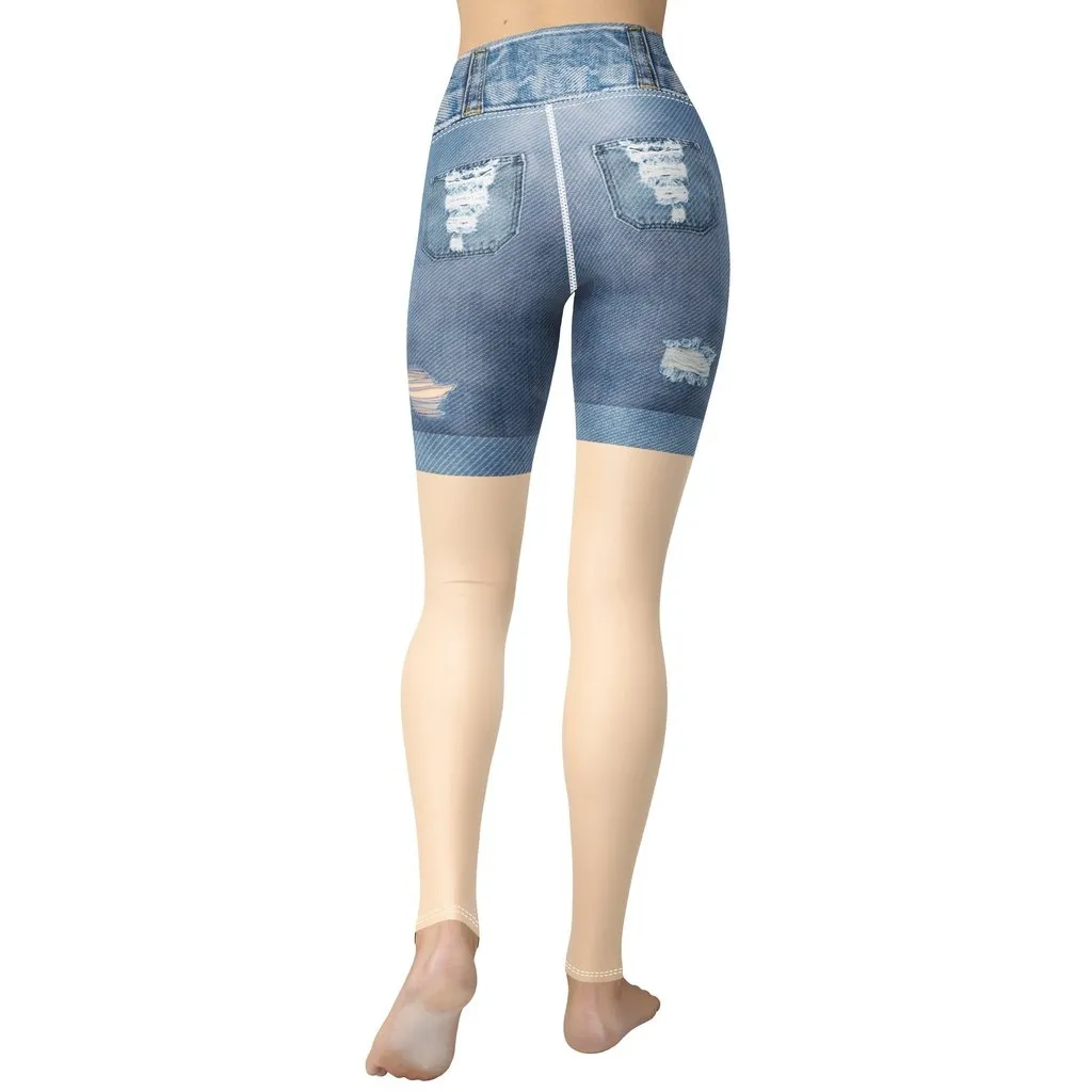 Light Tone Denim Shorts Print Yoga Leggings