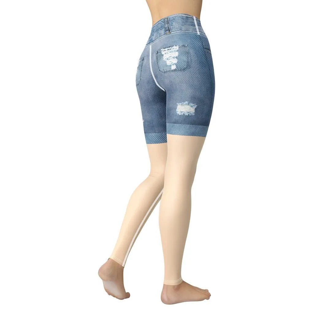 Light Tone Denim Shorts Print Yoga Leggings