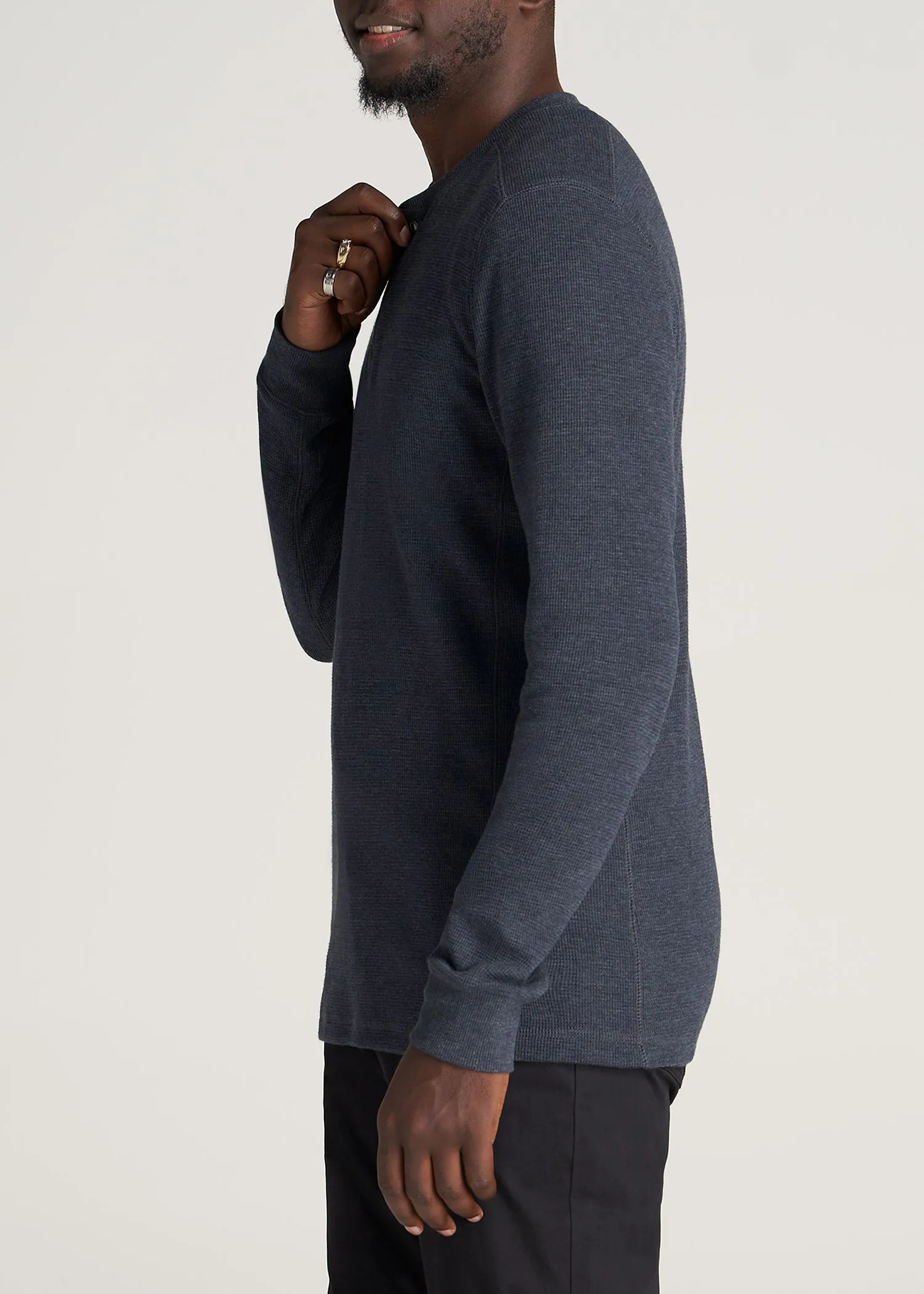 LJ&S Men's Tall Heavy Waffle Henley in Midnight Navy Mix
