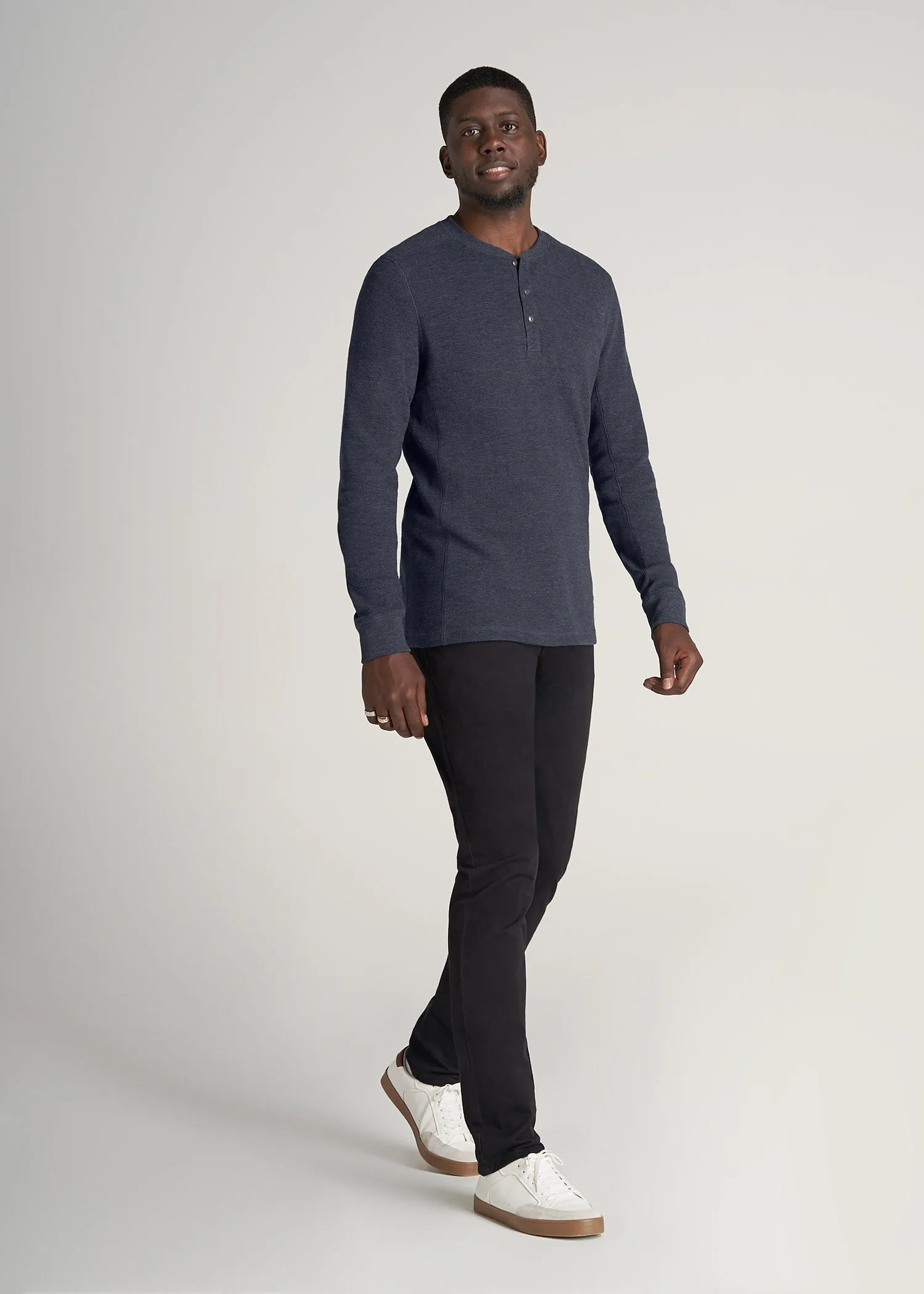 LJ&S Men's Tall Heavy Waffle Henley in Midnight Navy Mix