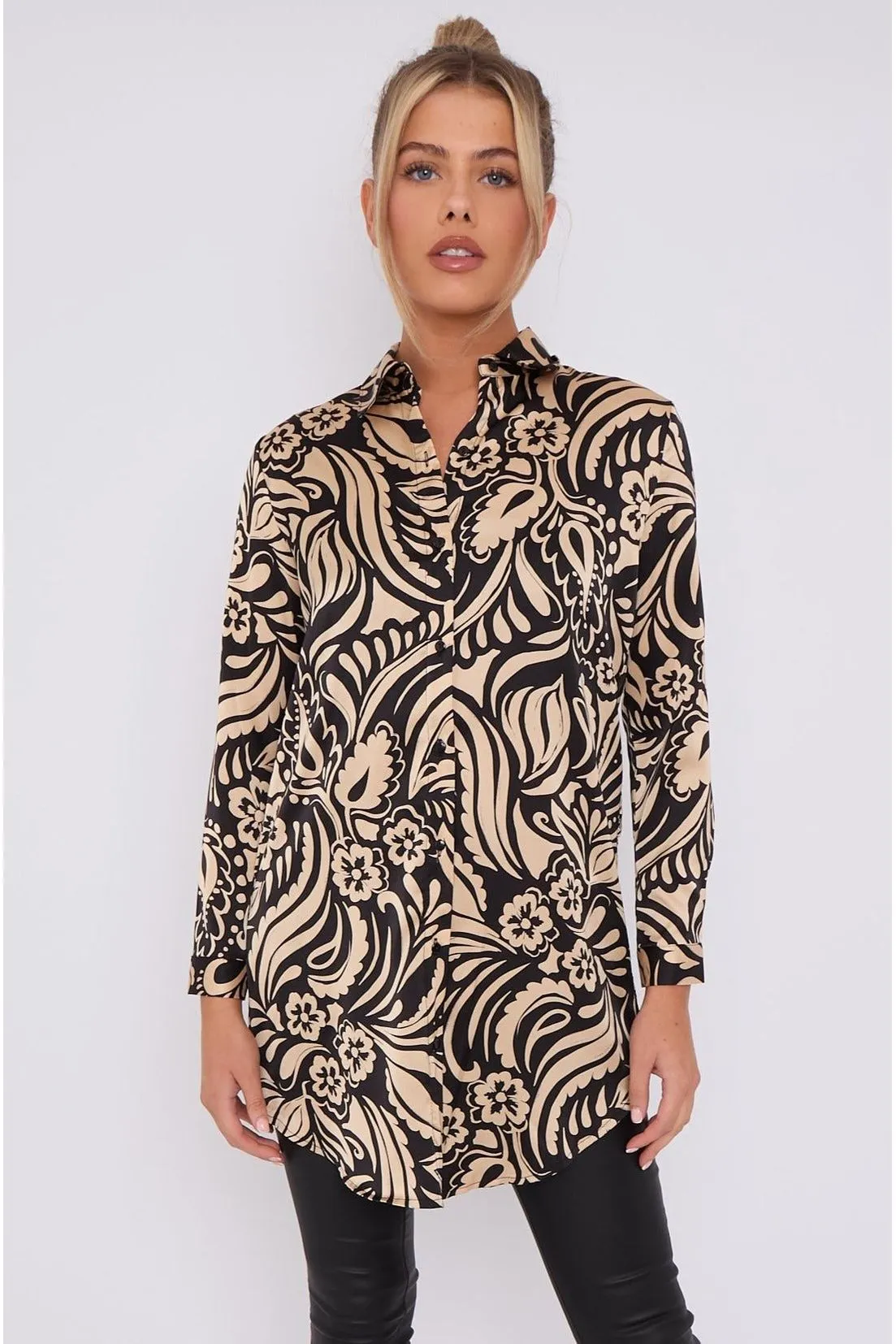LOVE SUNSHINE Black And Beige Paisley Print Satin Long Shirt