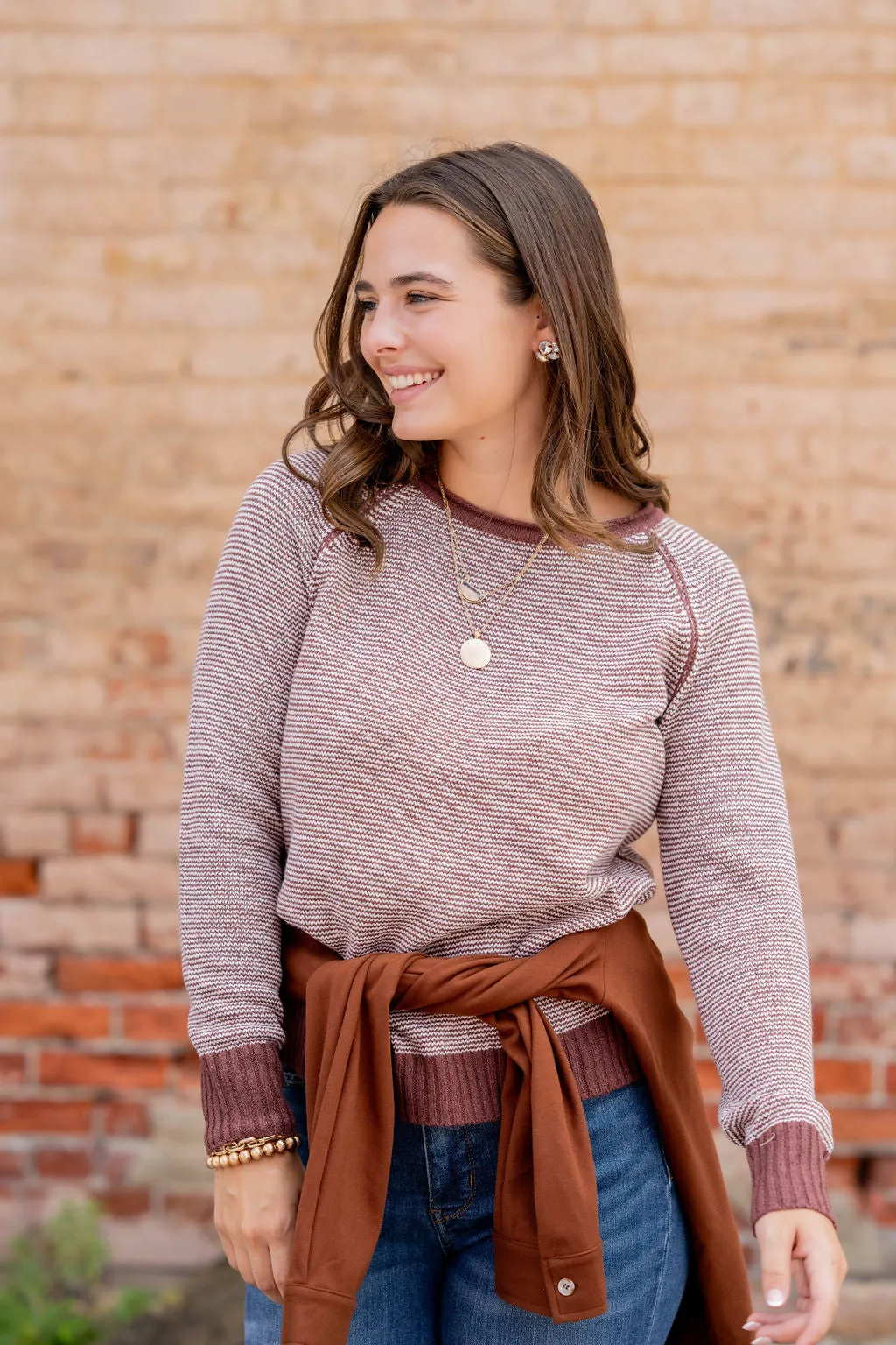 Marled Striped Solid Trim Sweater