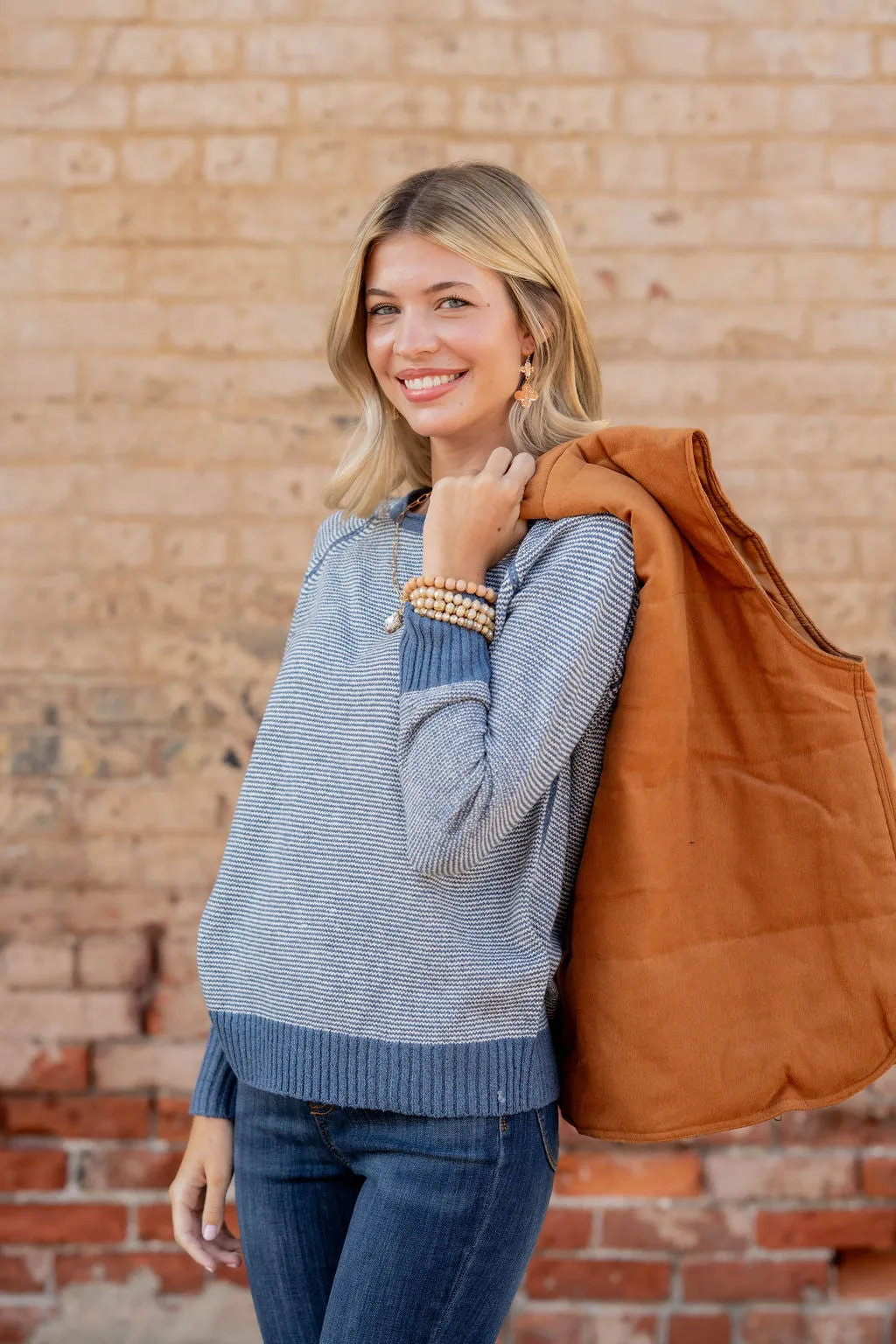 Marled Striped Solid Trim Sweater
