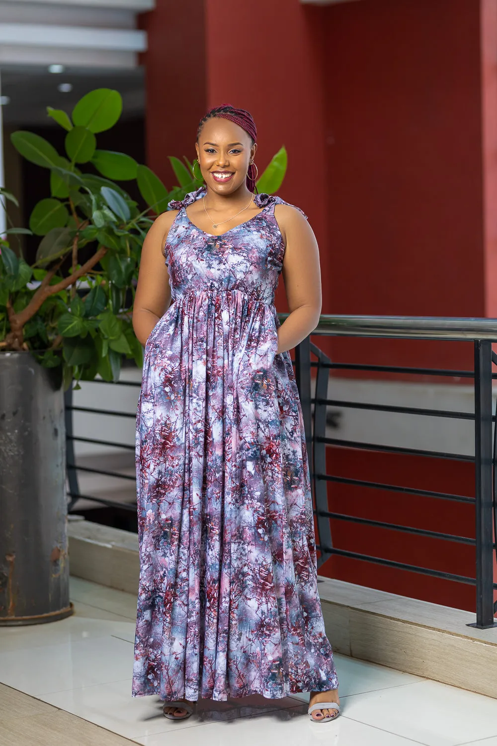 Maroon floral crush maxi dress