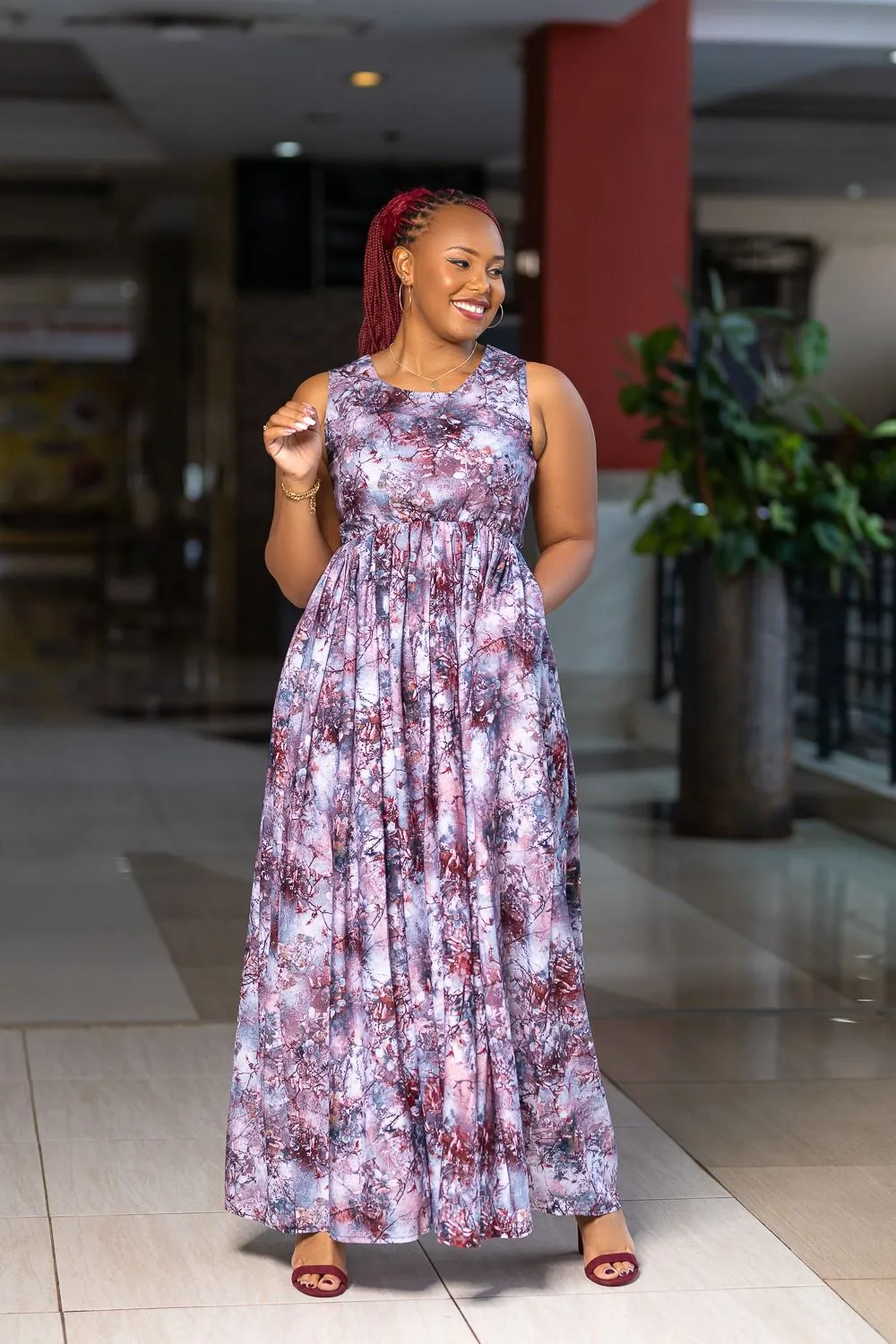 Maroon floral crush maxi dress