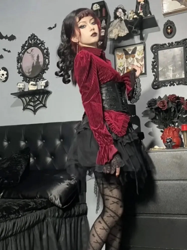 Medieval Retro Velvet Elegant Striped Red Cardigan