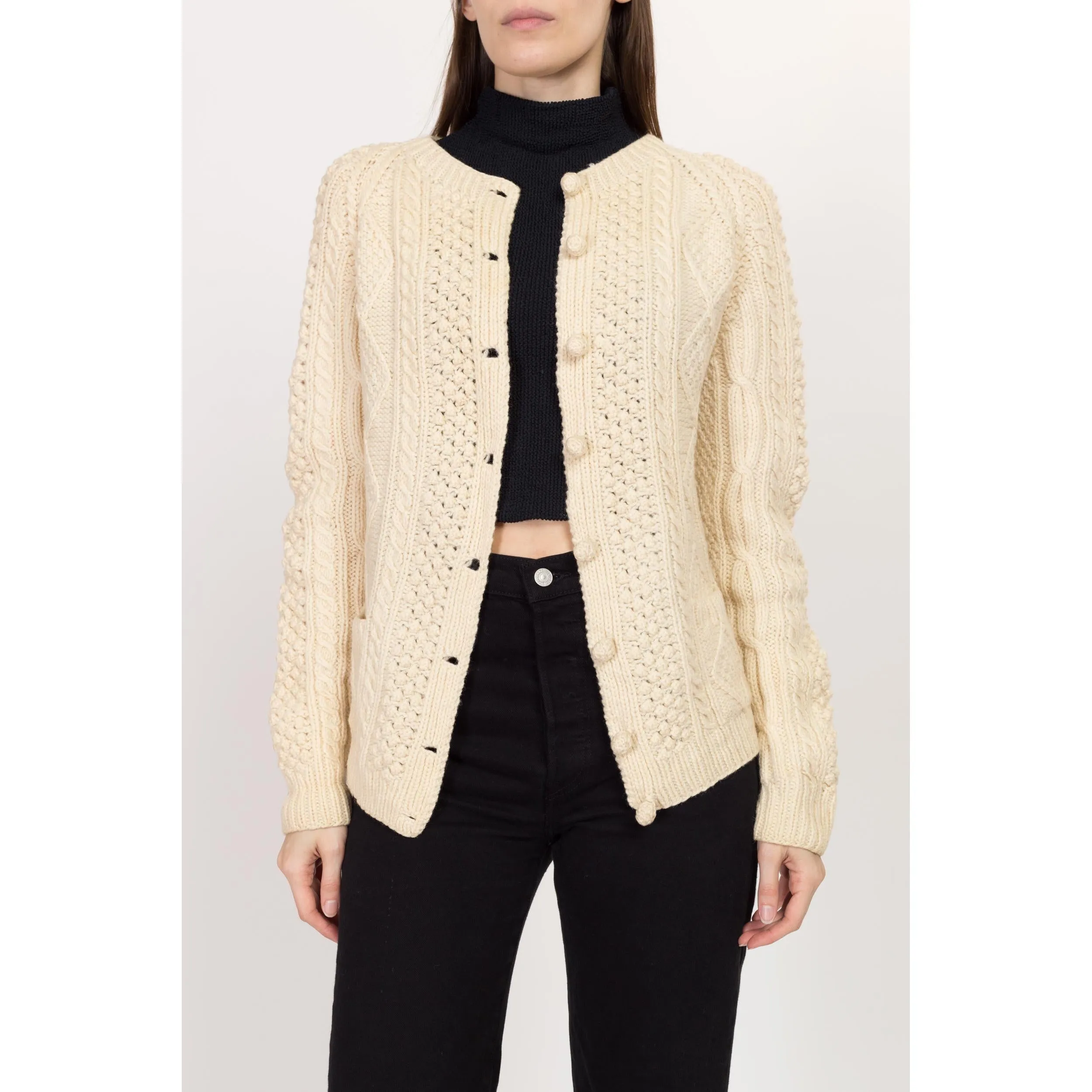Medium 70s Cream Wool Cable Knit Bauble Button Cardigan