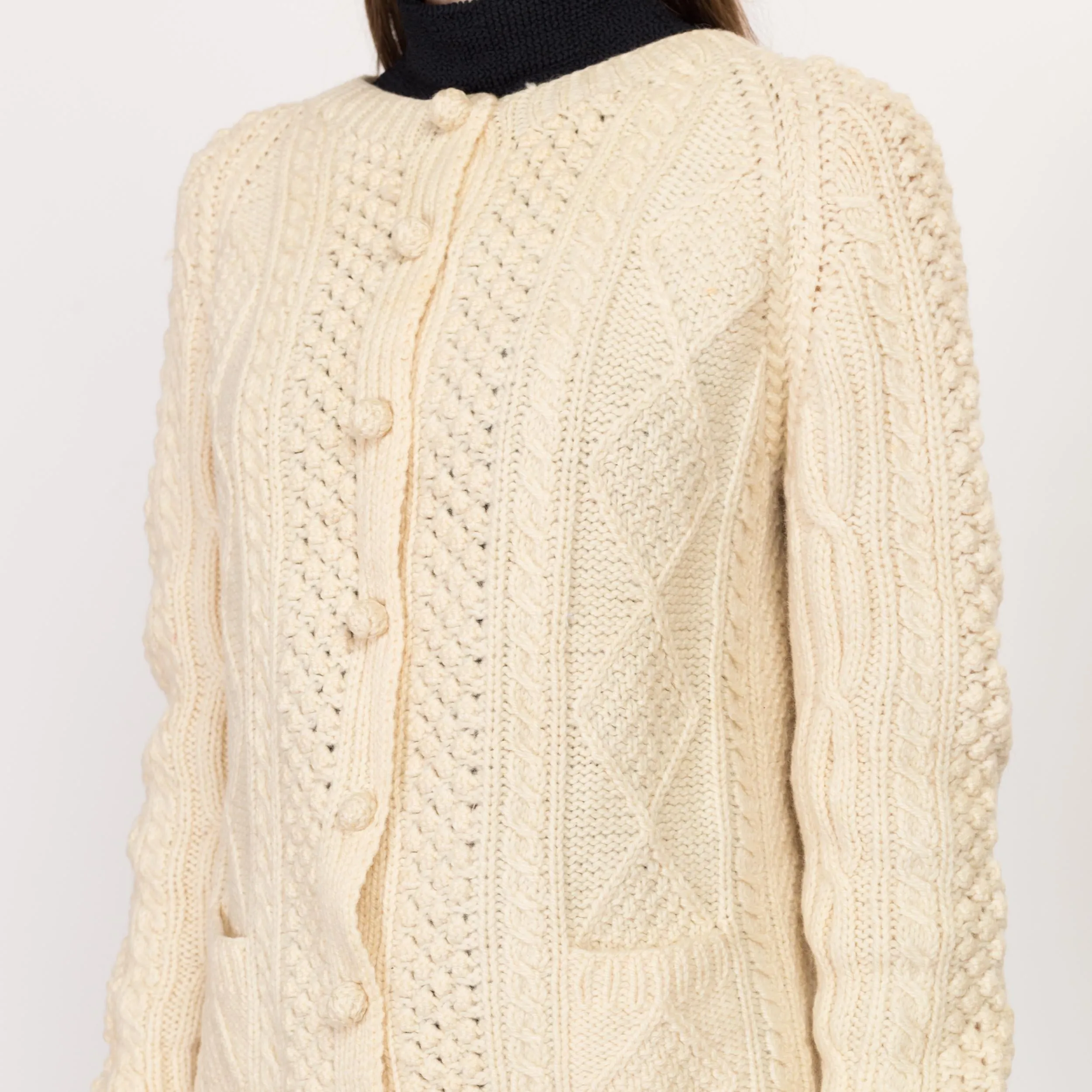 Medium 70s Cream Wool Cable Knit Bauble Button Cardigan