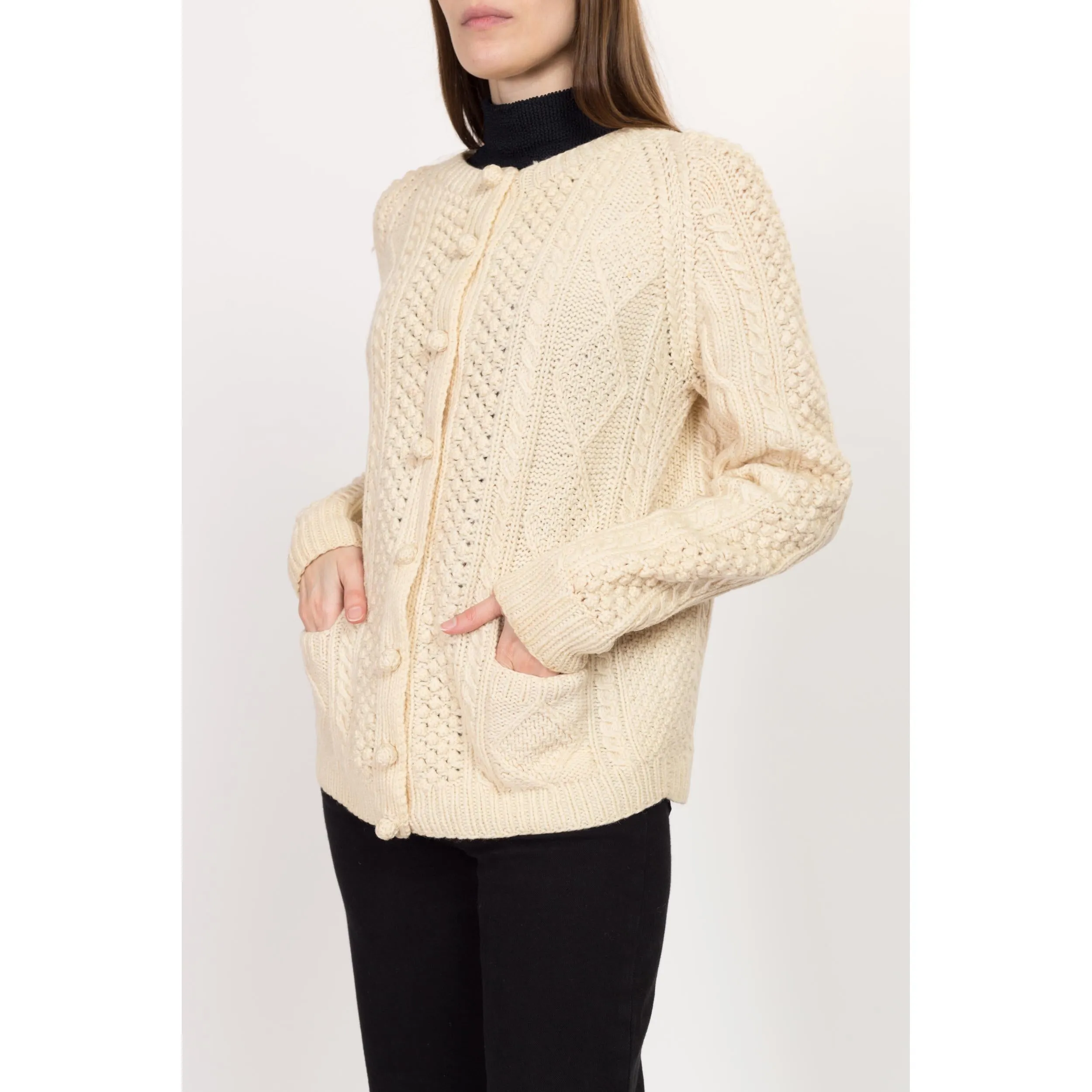 Medium 70s Cream Wool Cable Knit Bauble Button Cardigan