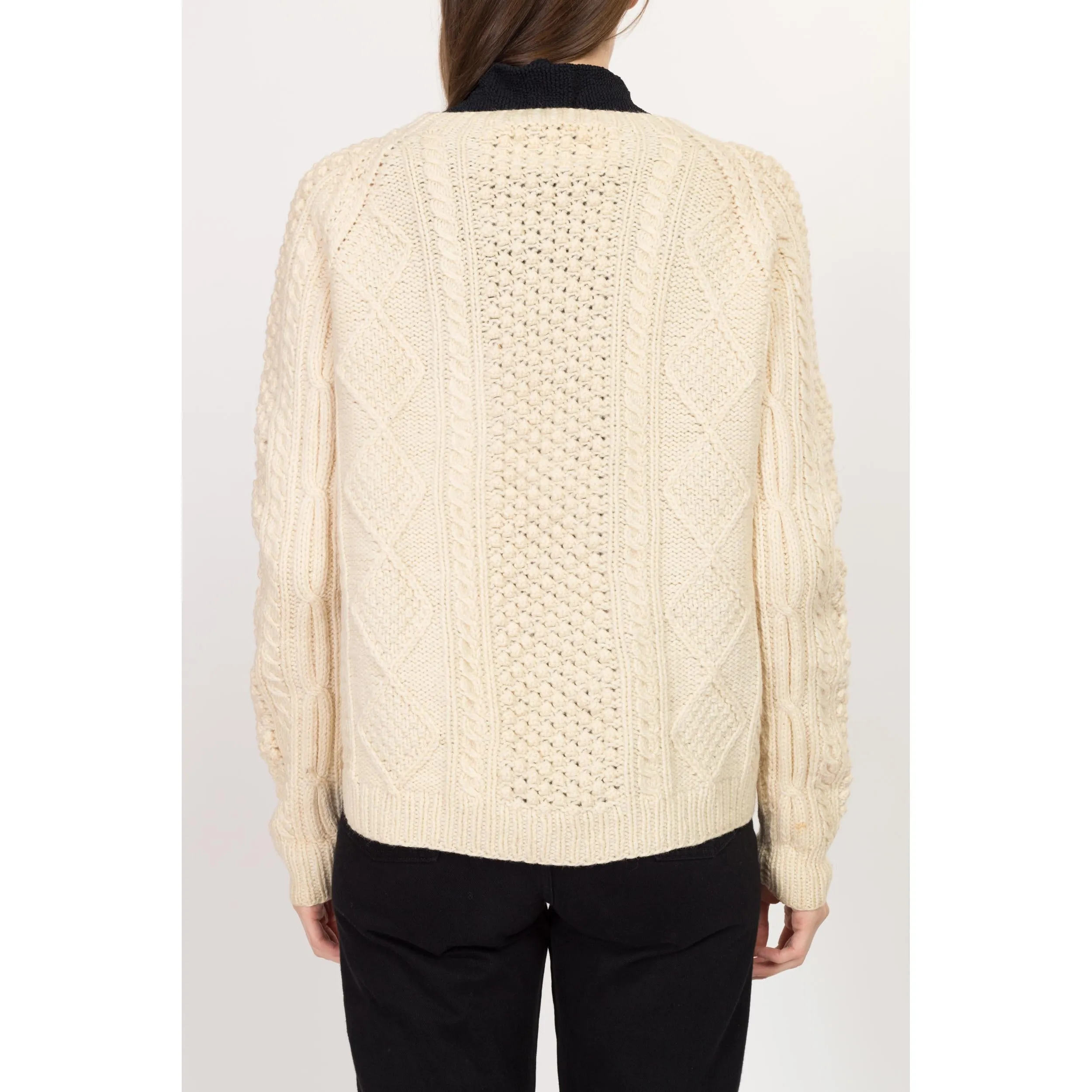 Medium 70s Cream Wool Cable Knit Bauble Button Cardigan