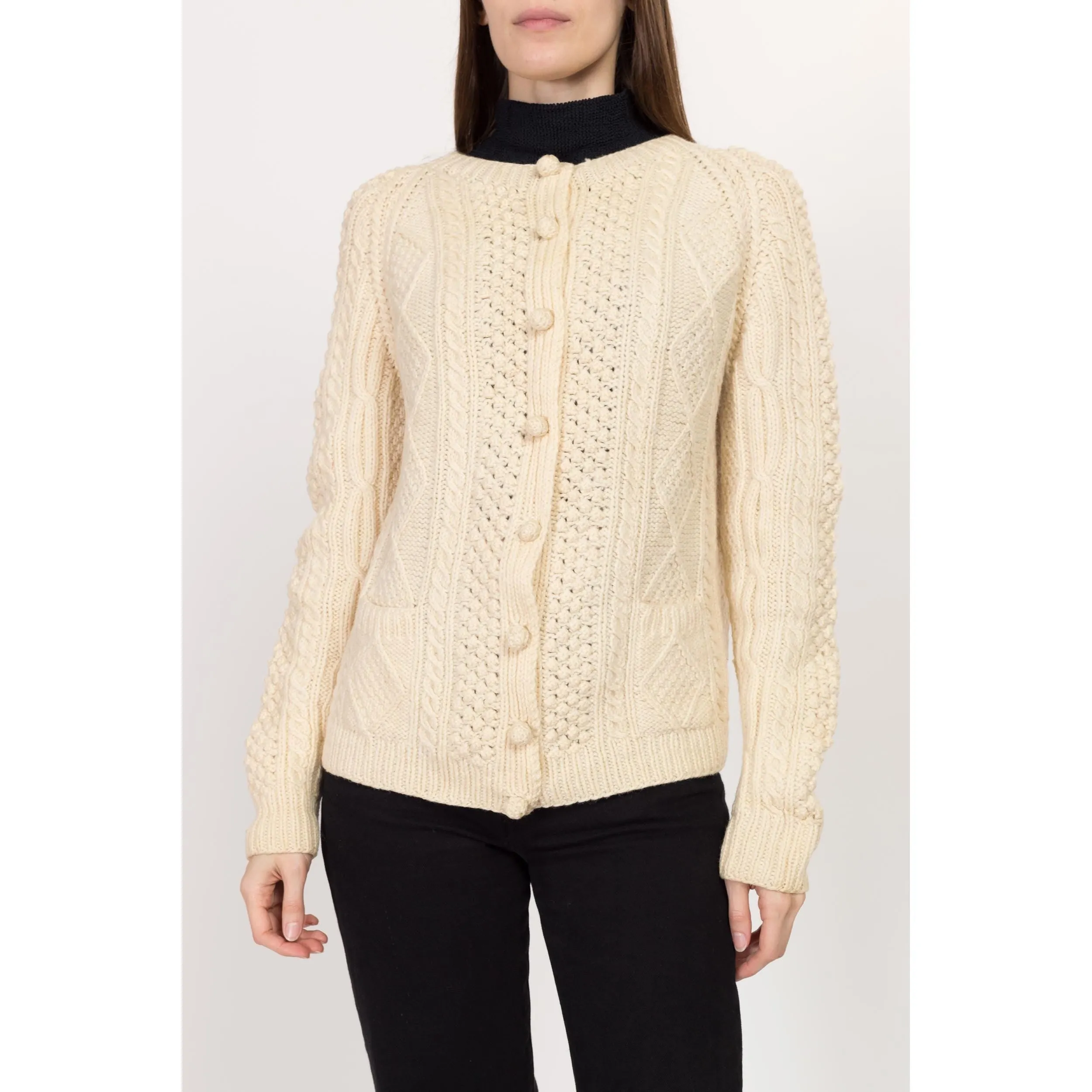 Medium 70s Cream Wool Cable Knit Bauble Button Cardigan