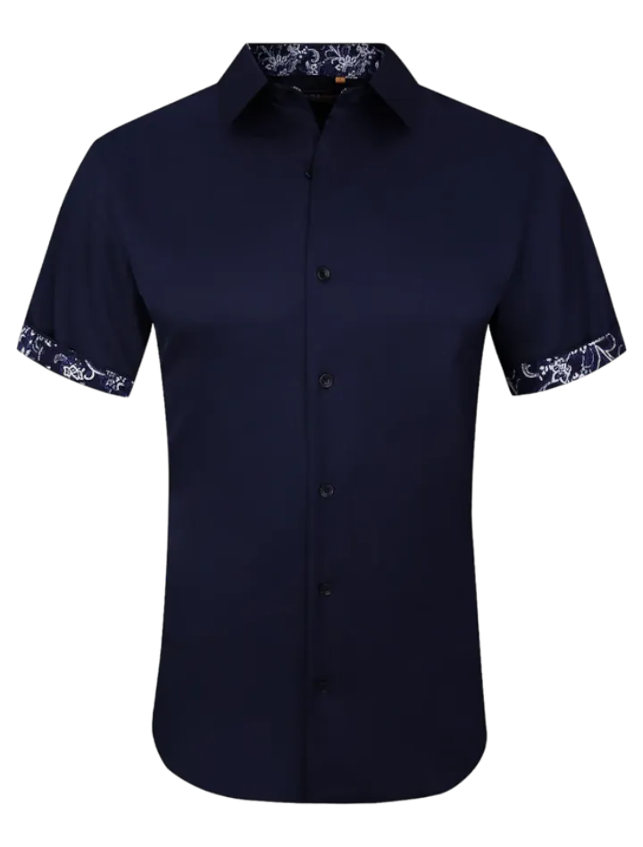 Men's navy blue short sleeve shirts stretch material cuff on the sleeves
