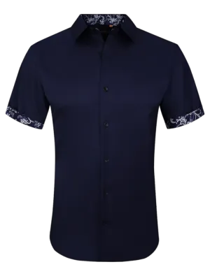 Men's navy blue short sleeve shirts stretch material cuff on the sleeves