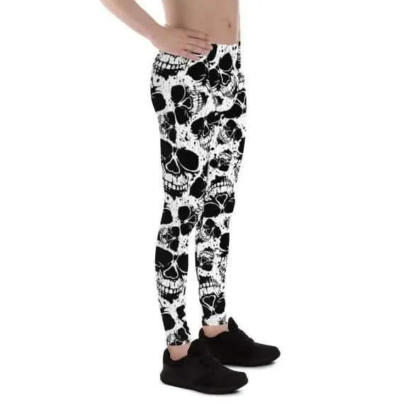 Men's Skull Print Performance Leggings in Black and White