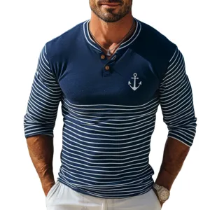 Men's Vintage Casual Nautical Anchor Stripe Henley Neck Long Sleeve T-Shirt 53652240TO