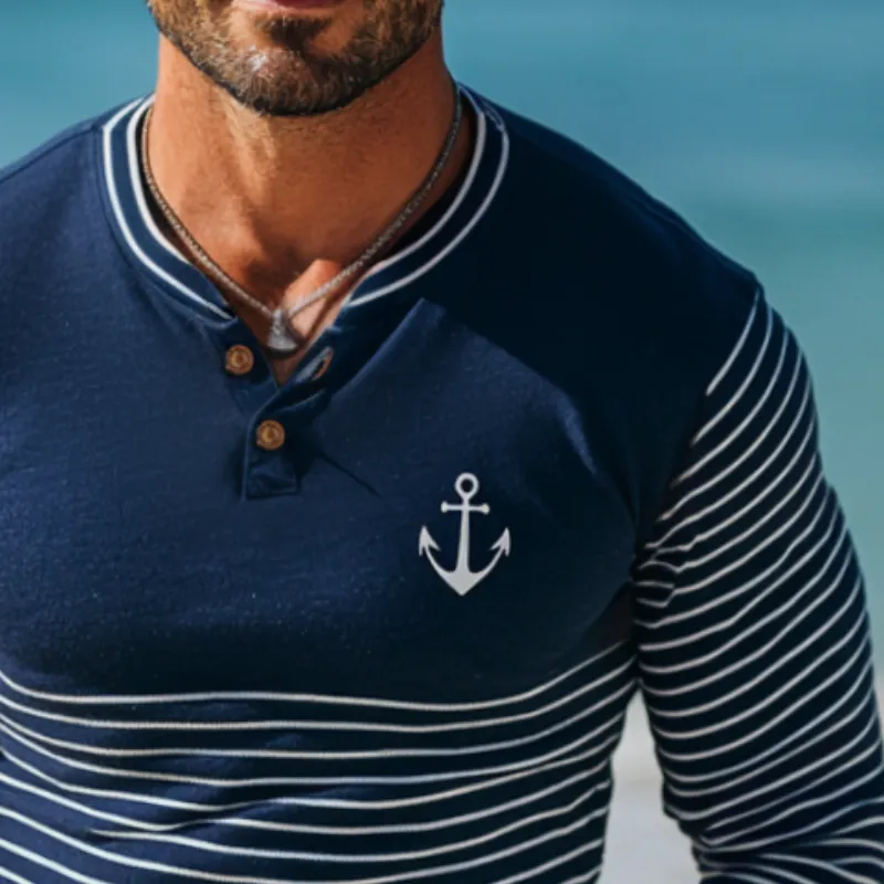 Men's Vintage Casual Nautical Anchor Stripe Henley Neck Long Sleeve T-Shirt 53652240TO