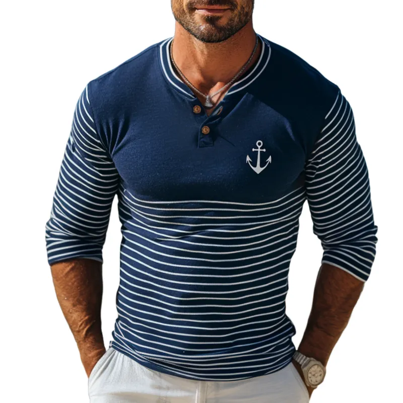 Men's Vintage Casual Nautical Anchor Stripe Henley Neck Long Sleeve T-Shirt 53652240TO