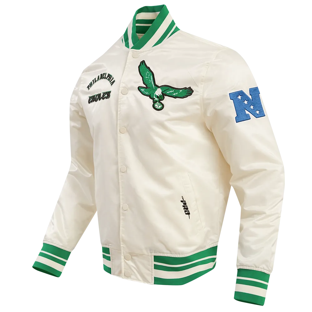 NFL PHILADELPHIA EAGLES RETRO CLASSIC MEN'S RIB SATIN JACKET (EGGSHELL/ KELLY GREEN)