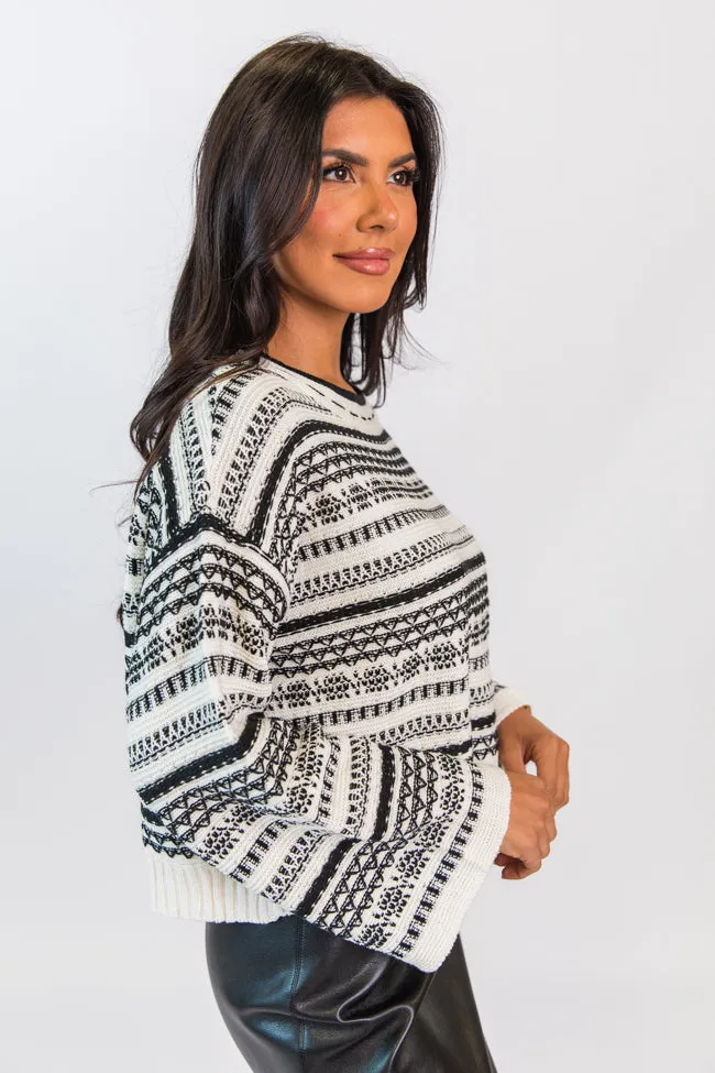 One Step Up Ivory and Black Printed Crew Neck Sweater SALE
