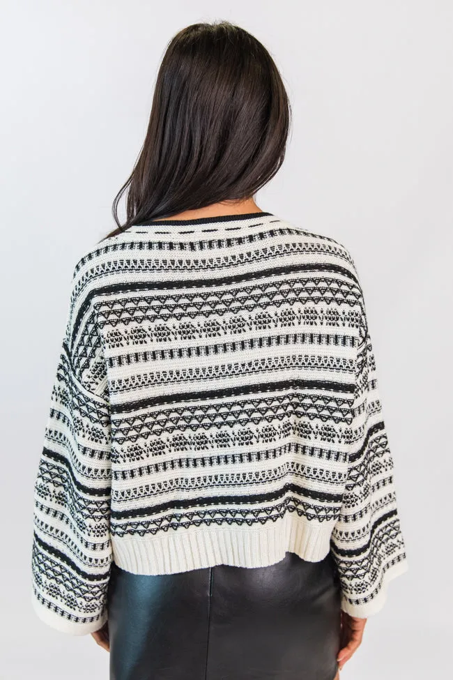 One Step Up Ivory and Black Printed Crew Neck Sweater SALE