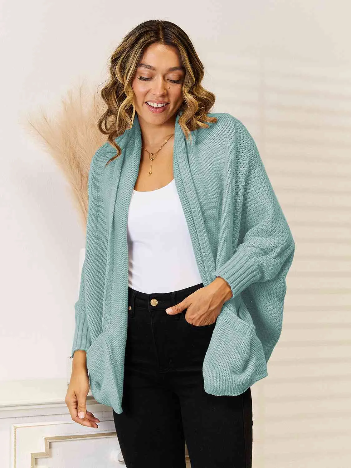 Open Front Pocketed Cardigan