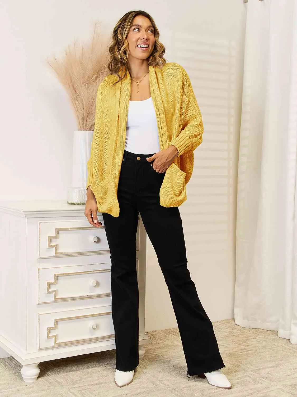 Open Front Pocketed Cardigan