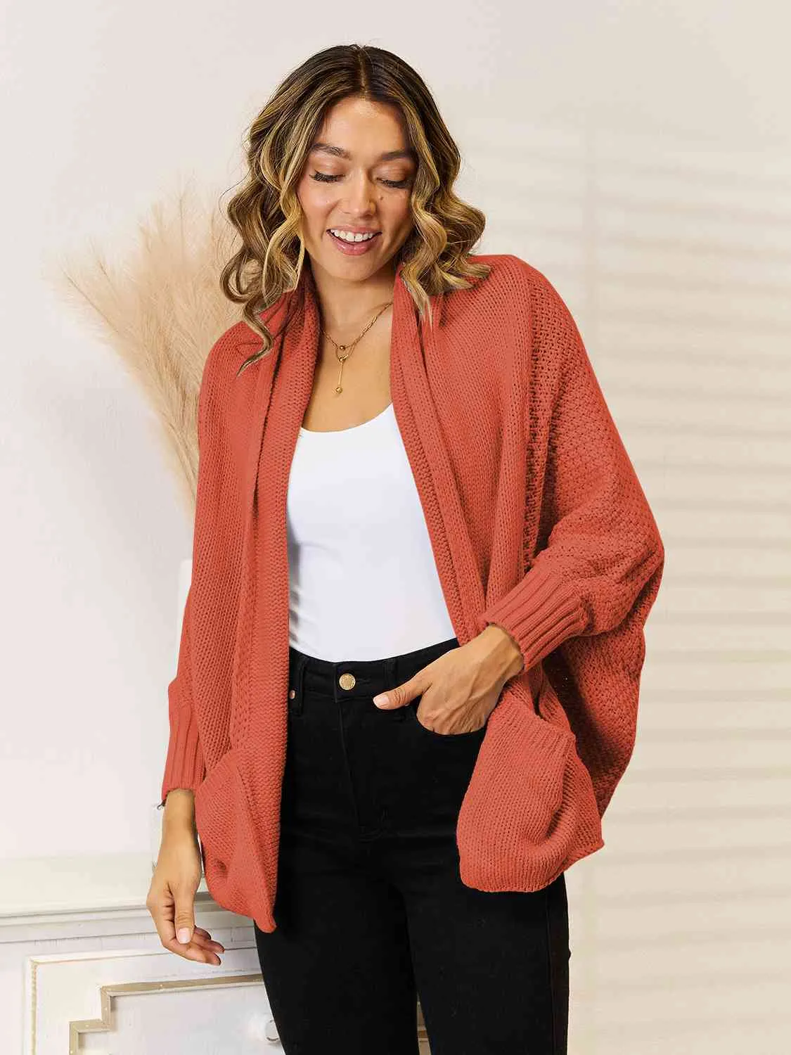 Open Front Pocketed Cardigan
