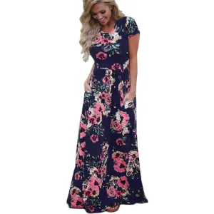 Plus Size Short Sleeve Summer Floral Print Long Maxi Dress