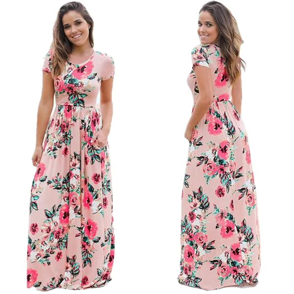 Plus Size Short Sleeve Summer Floral Print Long Maxi Dress