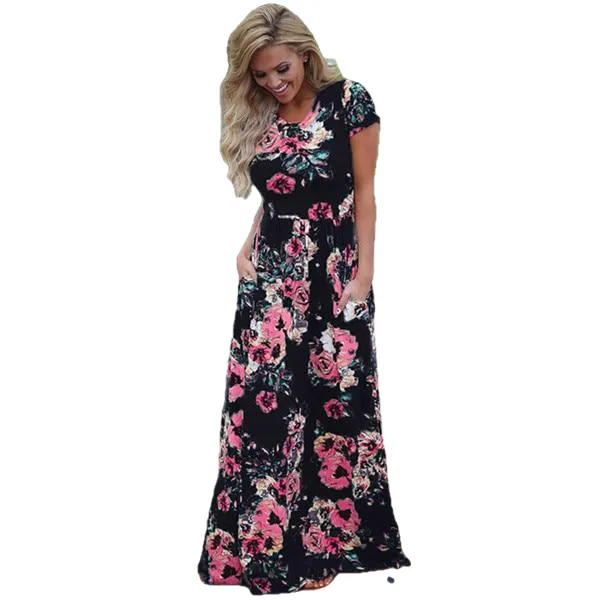 Plus Size Short Sleeve Summer Floral Print Long Maxi Dress