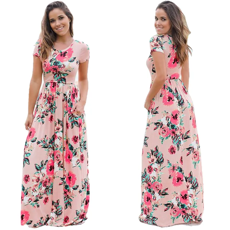 Plus Size Short Sleeve Summer Floral Print Long Maxi Dress