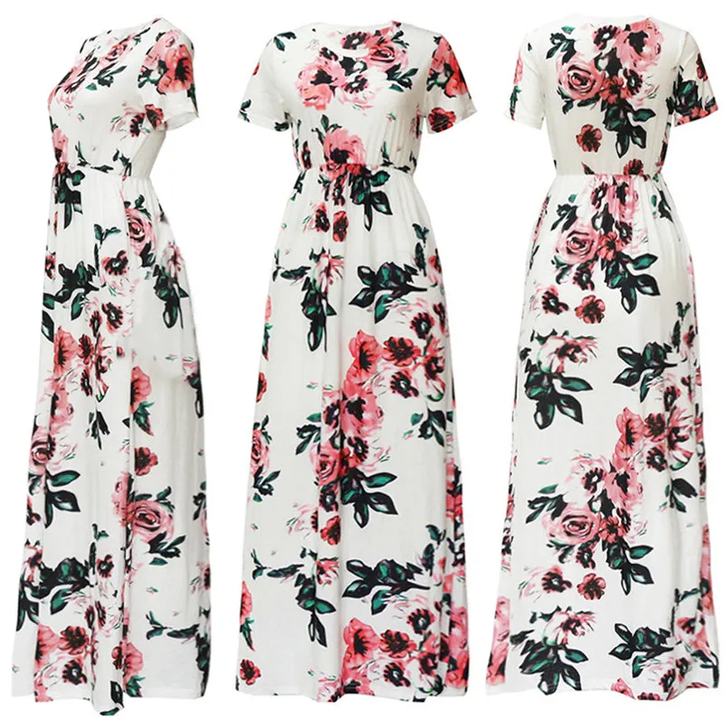 Plus Size Short Sleeve Summer Floral Print Long Maxi Dress