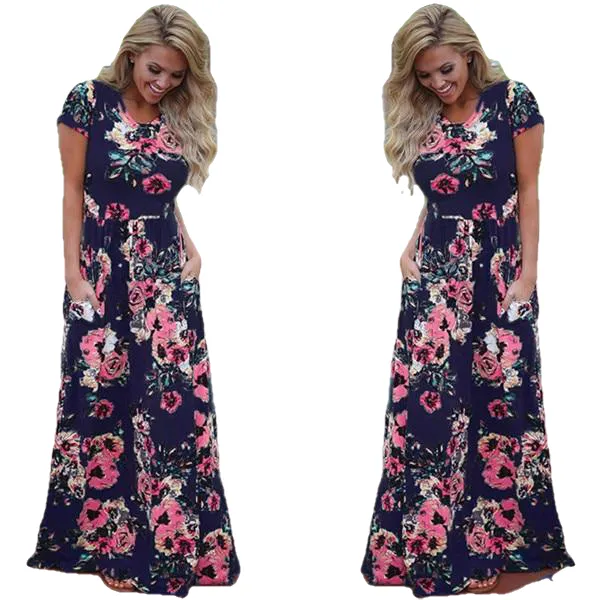 Plus Size Short Sleeve Summer Floral Print Long Maxi Dress
