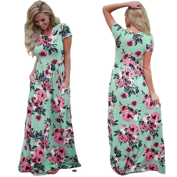 Plus Size Short Sleeve Summer Floral Print Long Maxi Dress