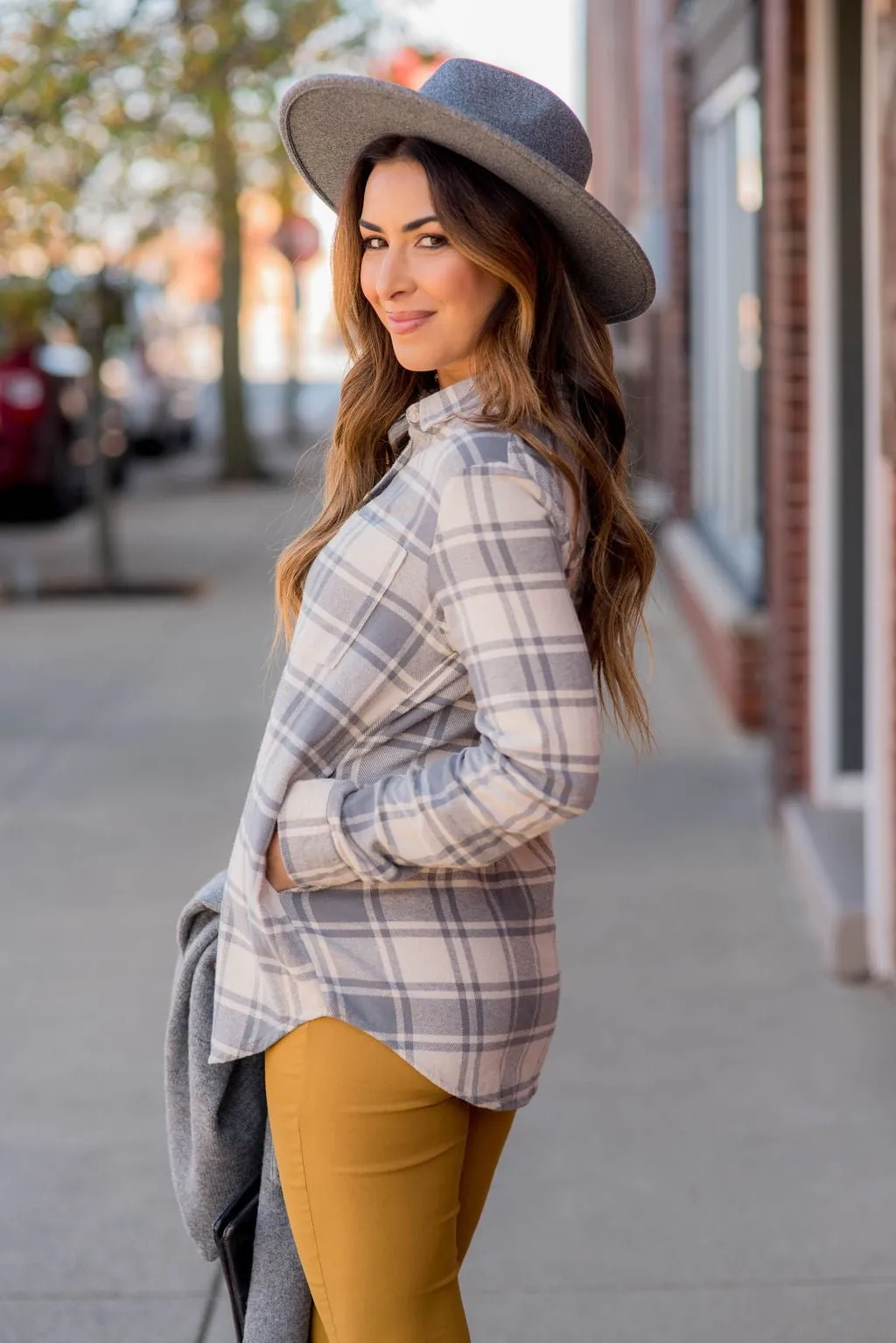 Pocketed Plaid Button Up
