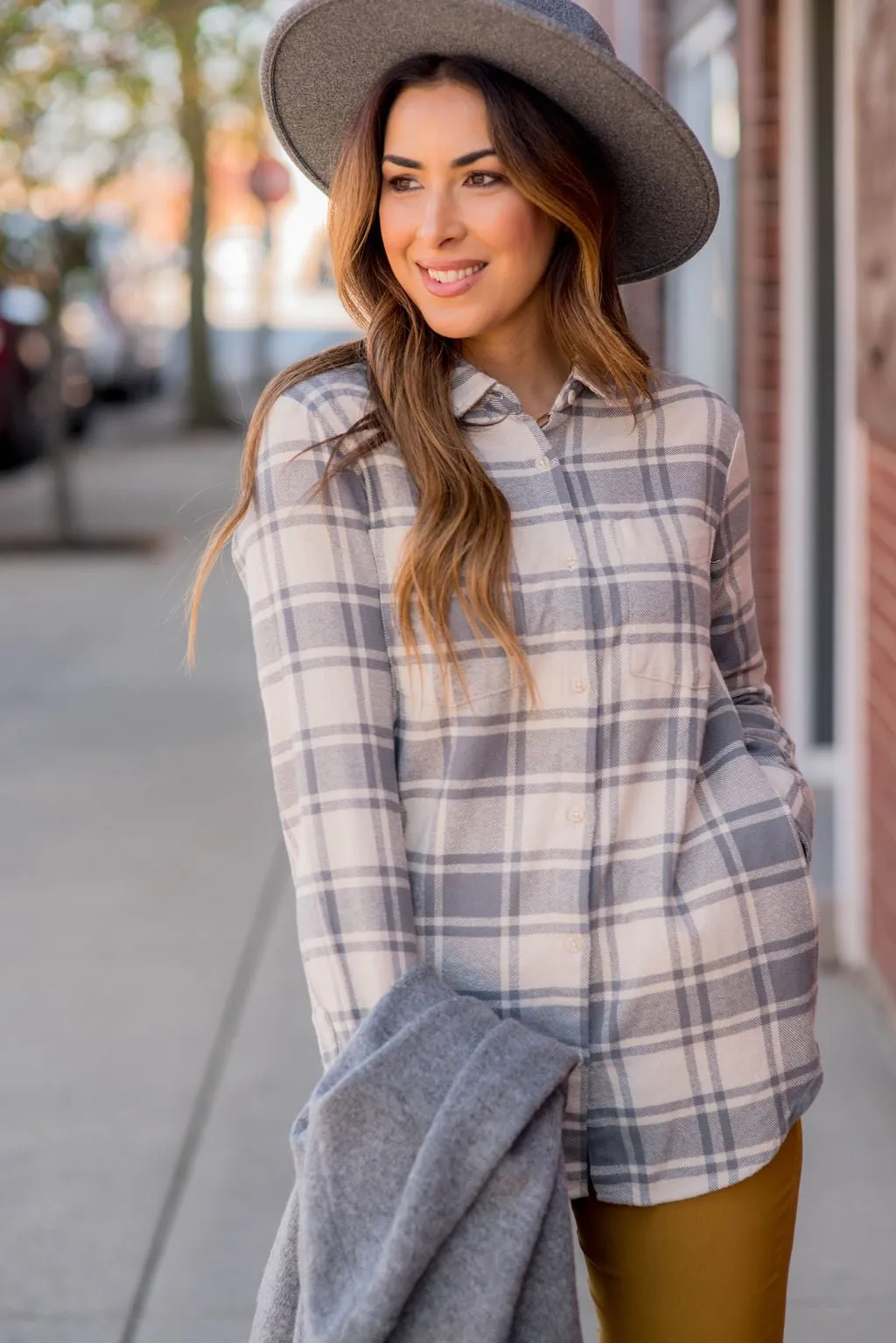 Pocketed Plaid Button Up