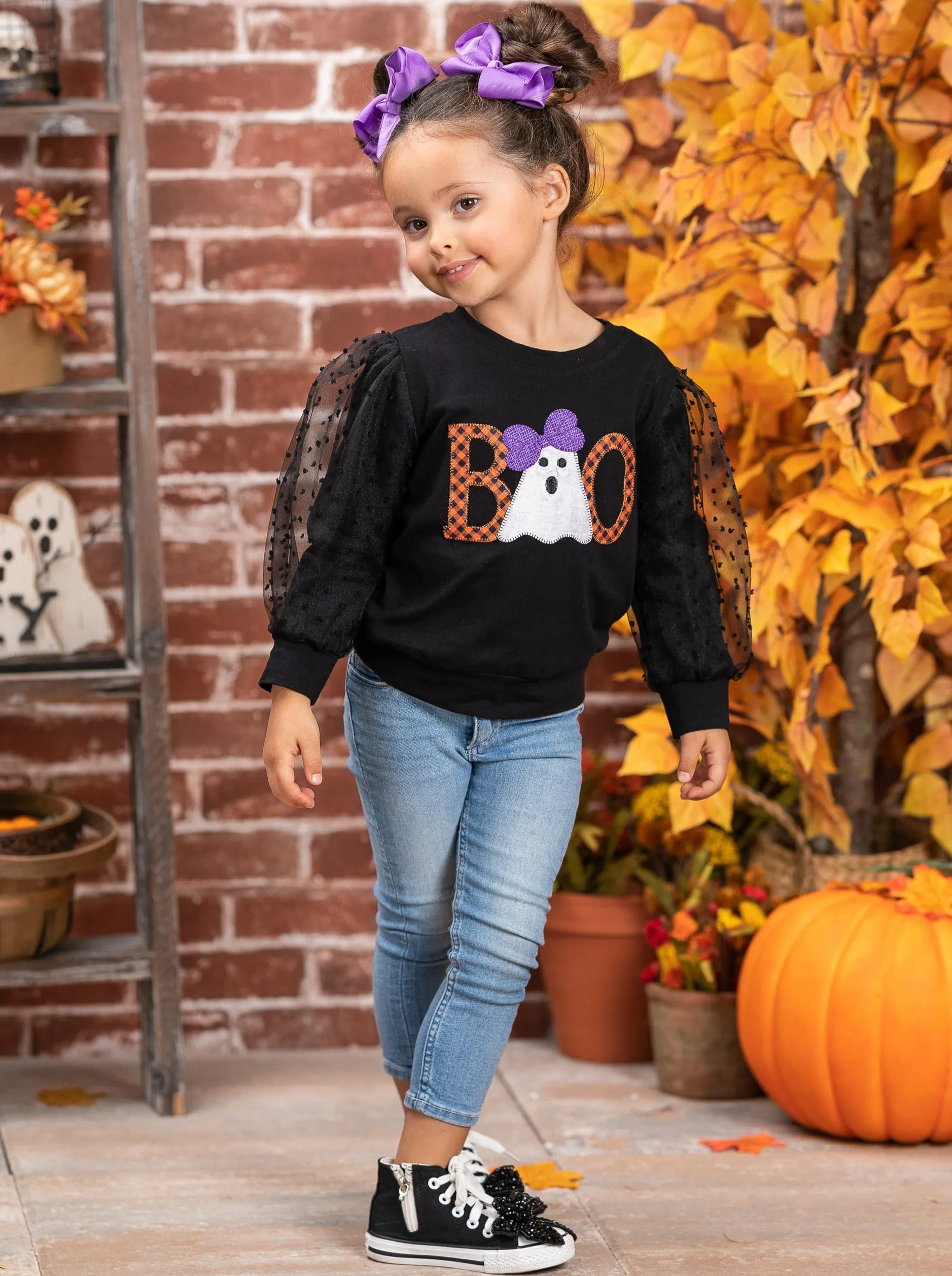 Polka Dot Boos Tulle Sleeve Sweater