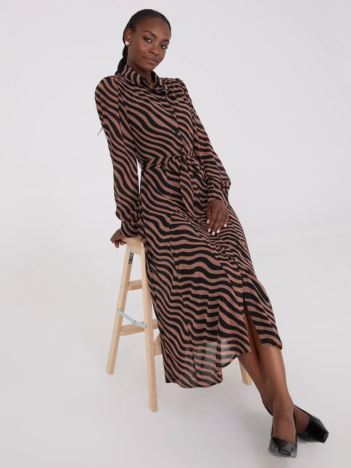 Printed Chiffon Maxi Shirt Dress